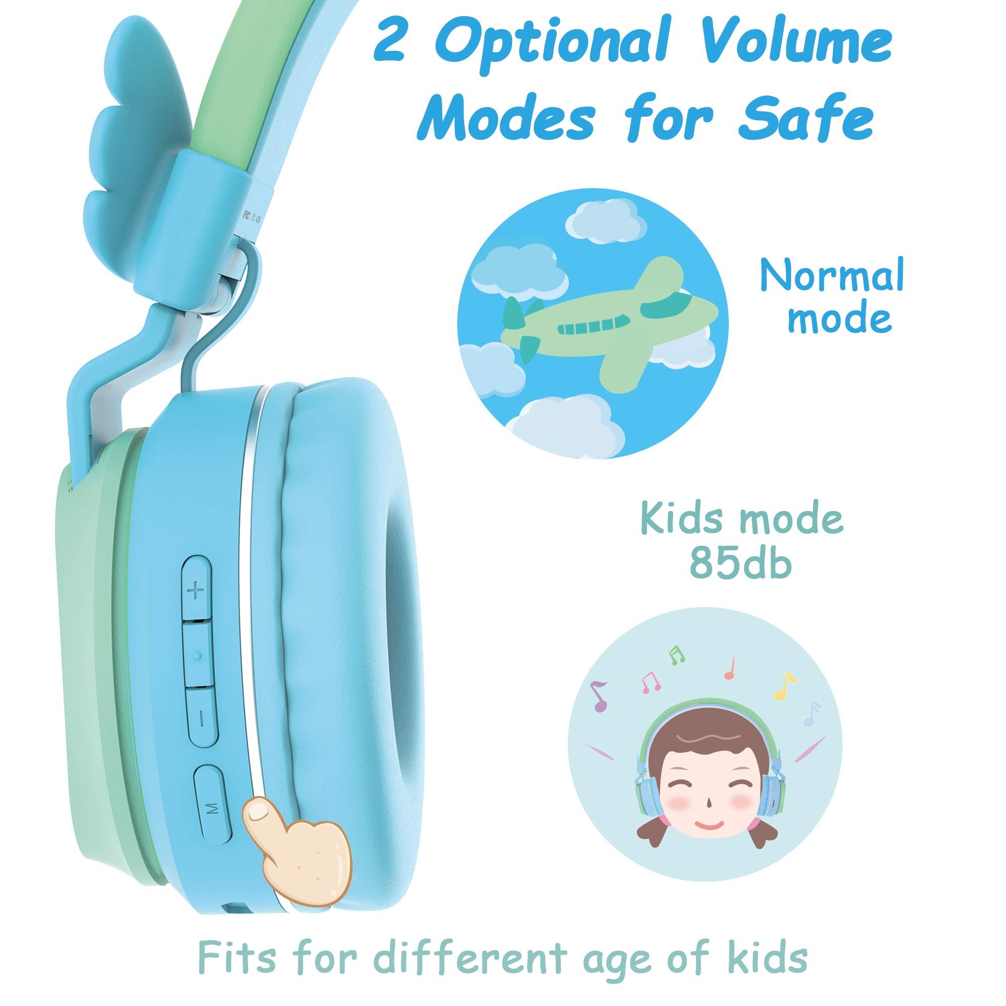 Riwbox BT05 Wireless Bluetooth Kids Headphones - Foldable Over-Ear Headset with Volume Limiter, Built-in Mic & TF Card Slot - Compatible with iPad, iPhone, Tablet (Green & Blue) - Perfect for Online Learning, Travel & Home Entertainment