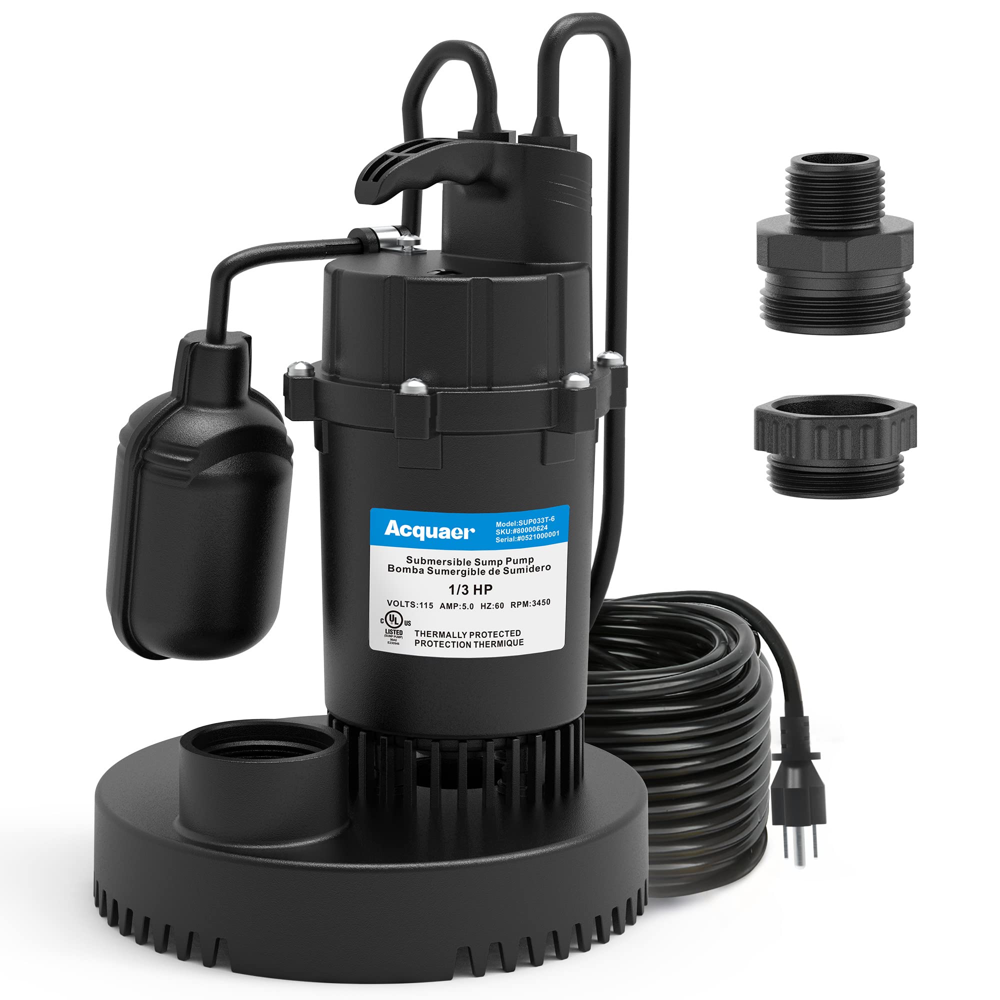 Acquaer 1/3 HP Submersible Sump Pump - 3040 GPH Clean/Dirty Water Pump with Automatic Float Switch & 10ft Power Cord - Ideal for Basement, Pool, Pond, Drain, Flooded Cellar, Aquarium, Irrigation & Emergency Water Removal