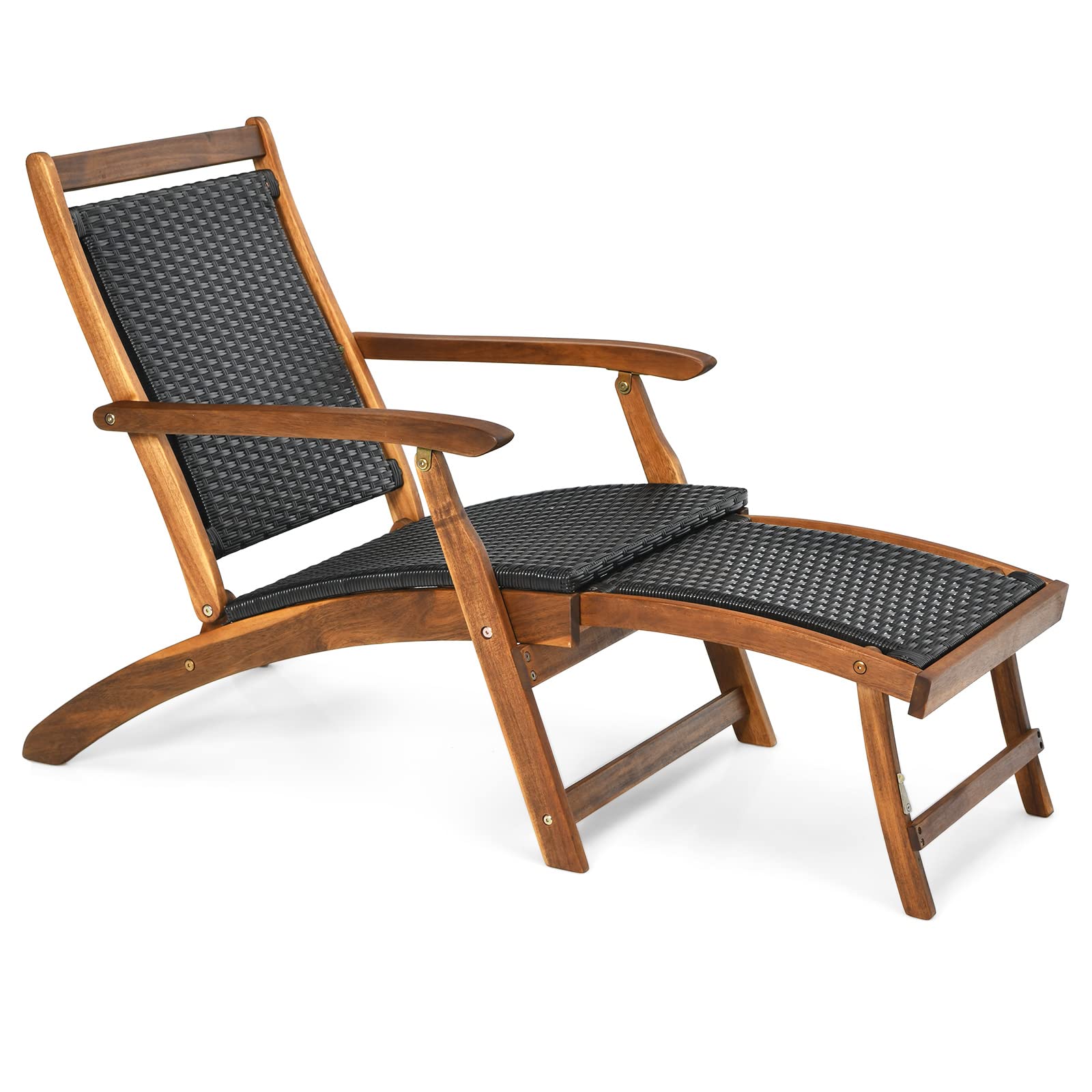 **HAPPYGRILL Outdoor Chaise Lounge Chair with Adjustable Footrest - Acacia Wood & Rattan Wicker Folding Pool Chair - Portable Patio Lounger for Garden, Porch, Beach & Backyard Relaxation**