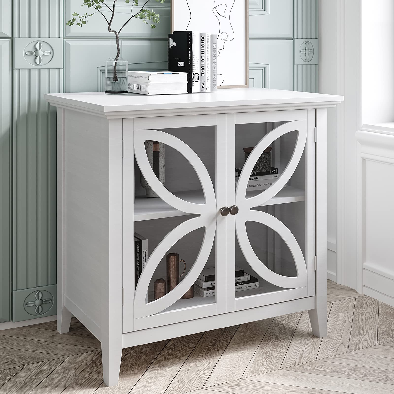 Modern Wooden Accent Storage Cabinet with Decorative Transparent Glass Door - Vintage Style Sideboard Console Table for Entryway, Living Room & Bedroom - Easy Assembly White & Wood Finish - Perfect for Home Organization & Stylish Display