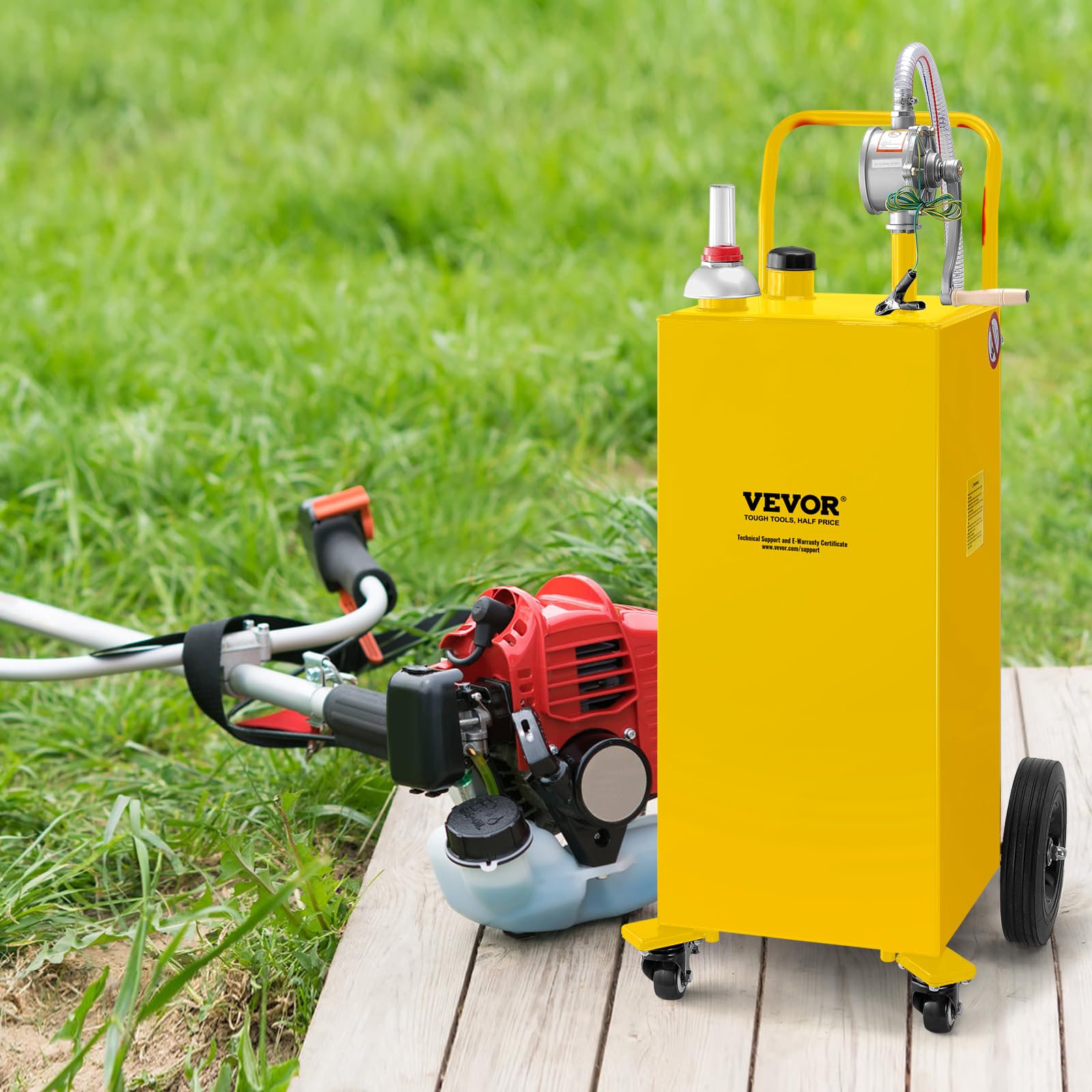 VEVOR 35 Gallon Fuel Caddy with Manual Transfer Pump - 4-Wheel Gas & Diesel Storage Tank for Cars, Lawn Mowers, ATVs, Boats - Portable Fuel Container for Garage, Farm, Construction & Outdoor Use - Yellow