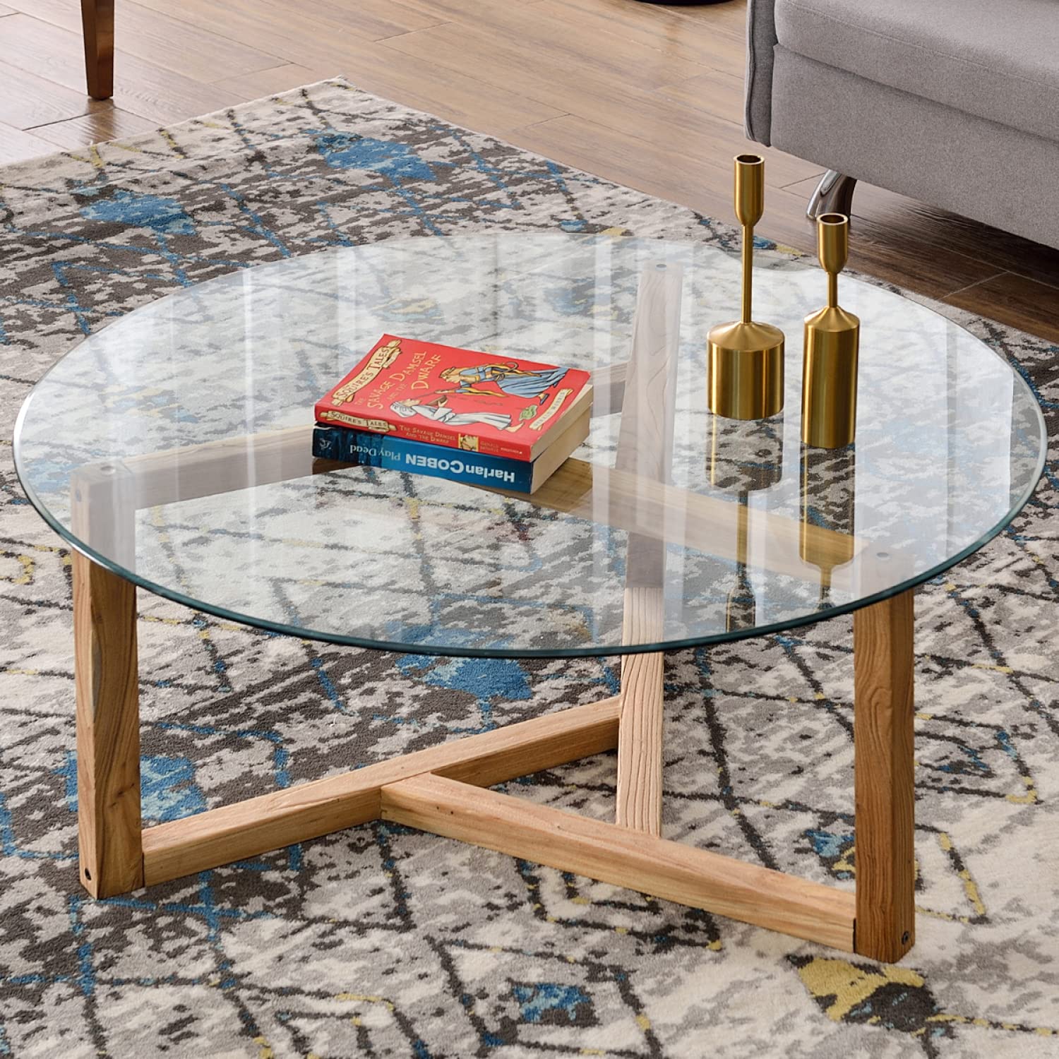 Modern Round Coffee Table with Tempered Glass Top & Sturdy Wood Base - 35.43