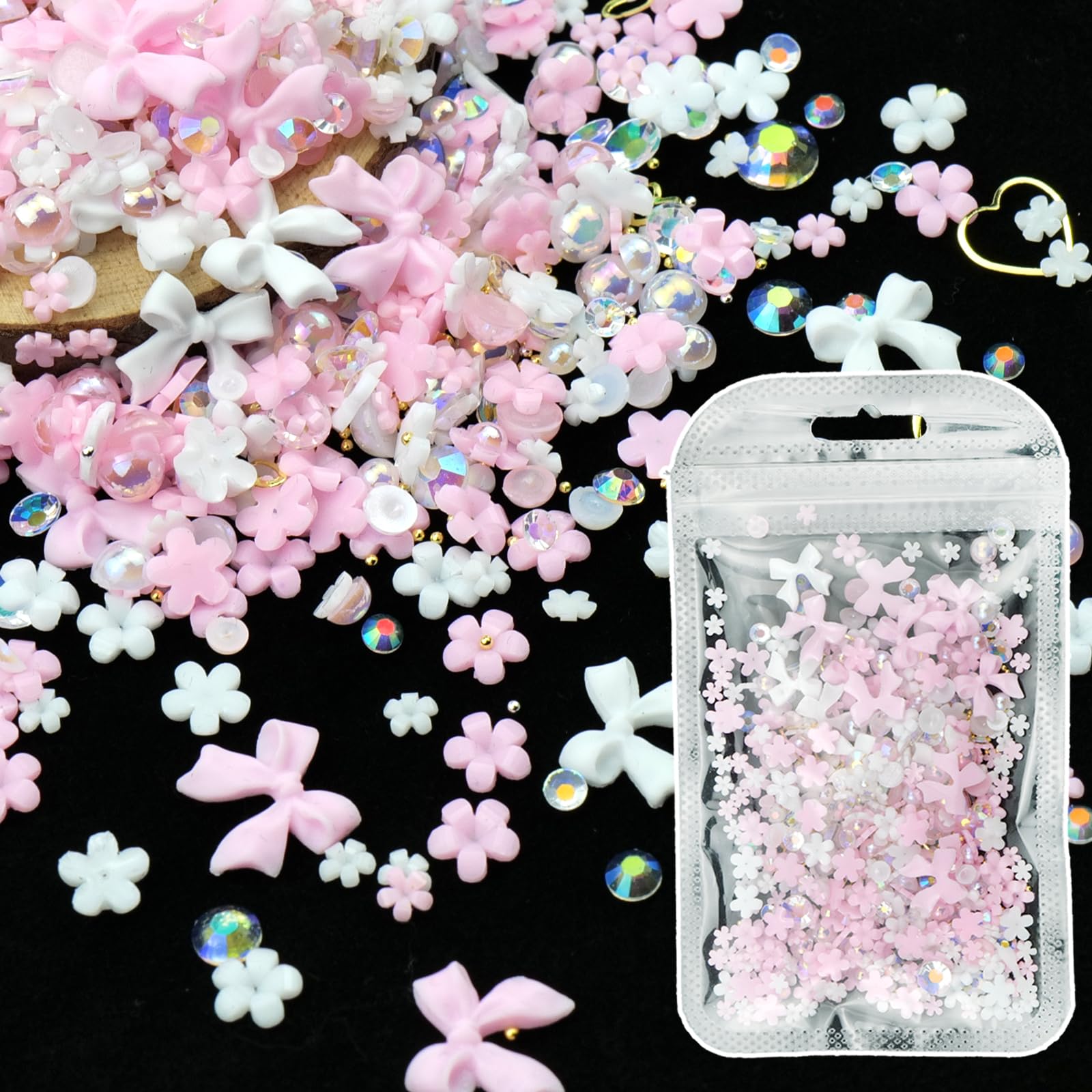 CESUSME 3D Flower Bows Nail Charms - Pink White Bowknot Flowers & Golden Round Beads for Nail Art DIY - Perfect for Junk Case, Manicure, Salon, and Party Nail Designs