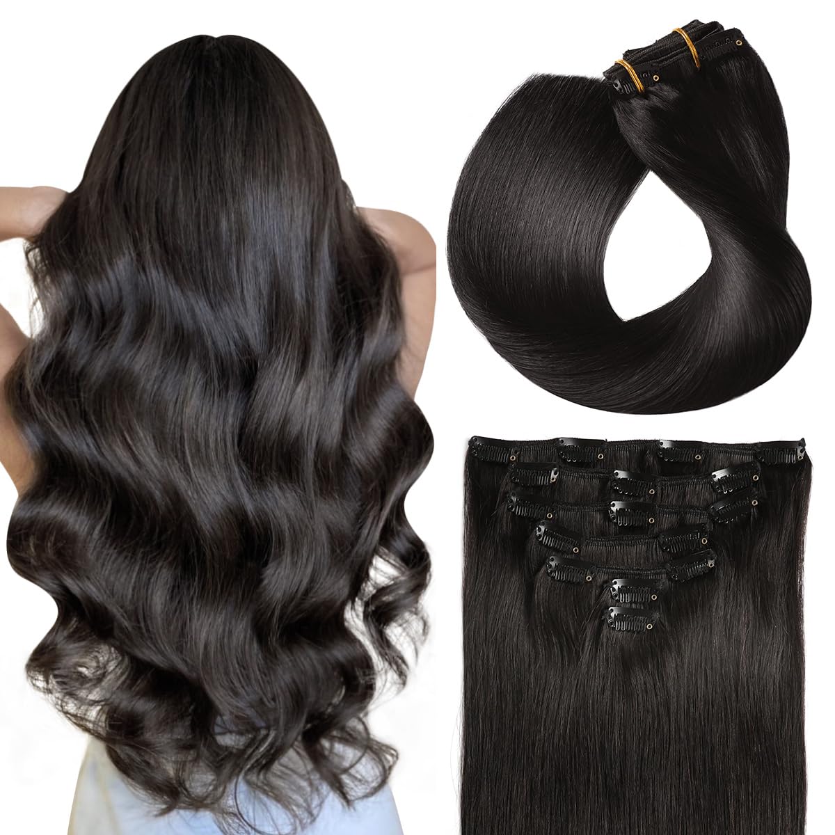 SUYYA 14 Inch Clip in Hair Extensions - 7Pcs 110g Real Human Hair, Double Weft Straight Extensions in Natural Black (#1B Off Black) for Daily Styling, Parties & Special Occasions