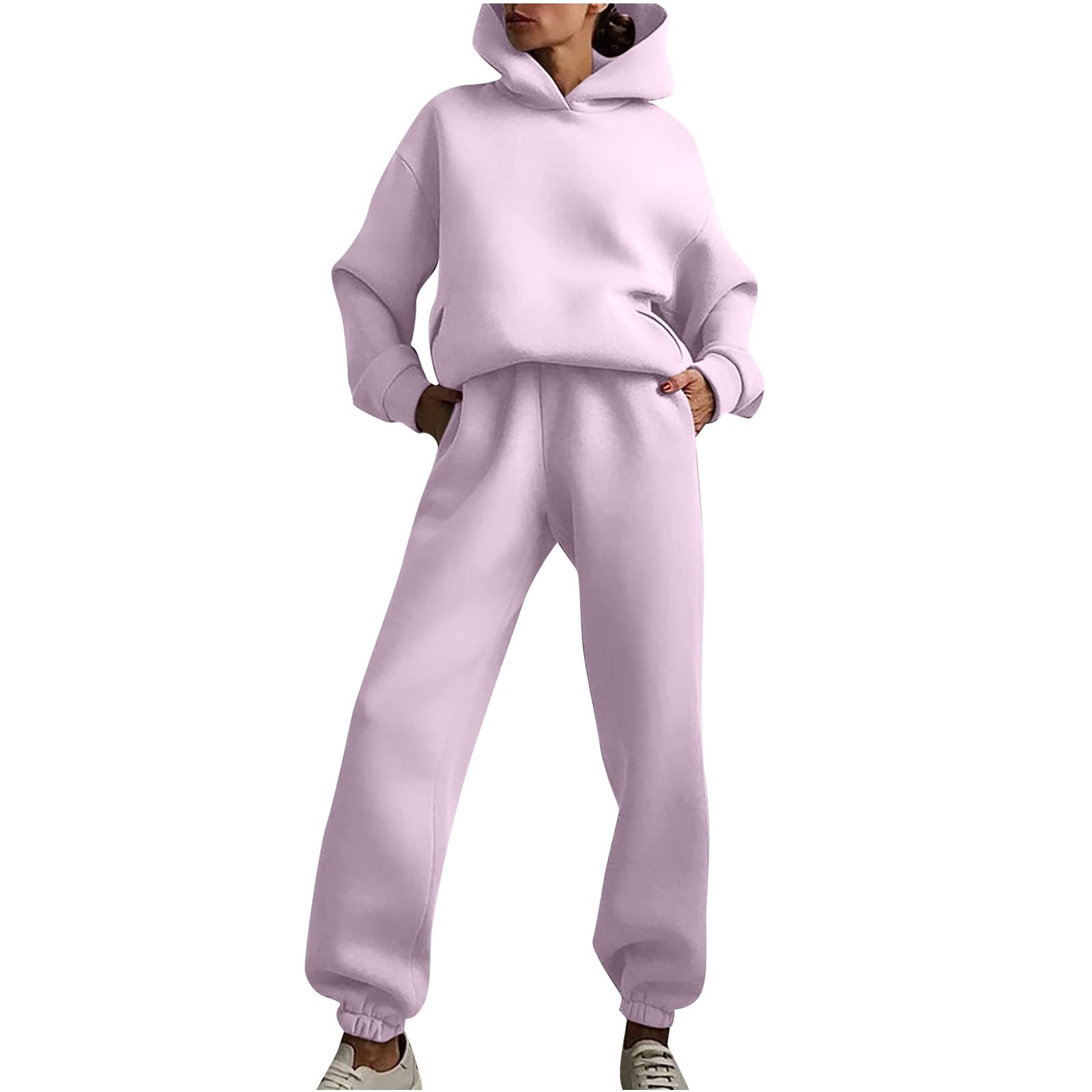 DII Women's Solid Color 2-Piece Hoodie Sweatsuit Set - Long Sleeve Crewneck Top & Jogger Pants Tracksuit for Casual Wear, Lounge, Gym, and Running