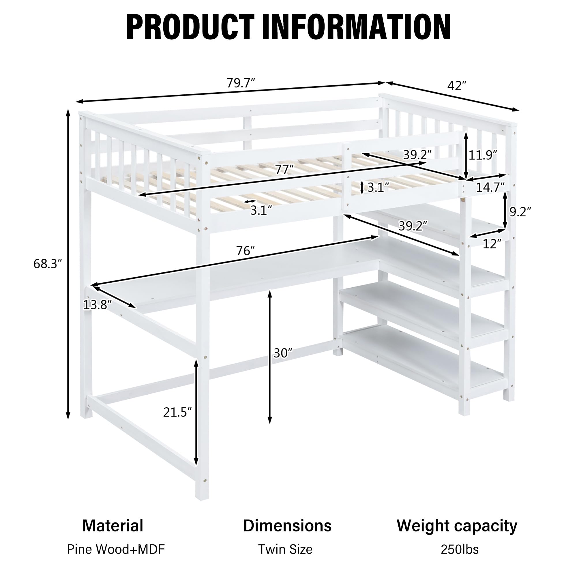 Merax Twin Size Wood Loft Bed with Built-in Desk & 4 Storage Shelves - Solid White Wooden Study Bed for Small Spaces, Dorm Rooms & Kids Bedrooms