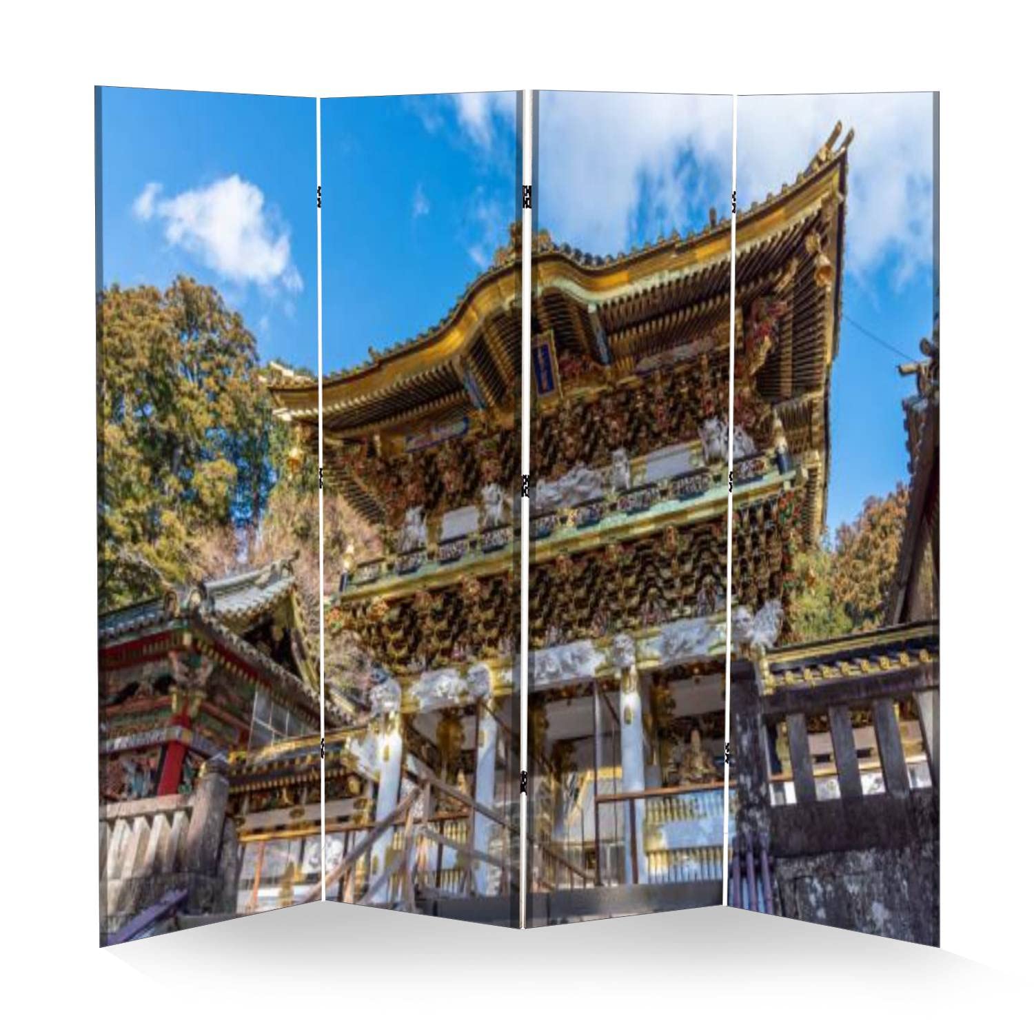 Japanese Toshogu Shrine Inspired Wooden Room Divider - 4-Panel Folding Privacy Screen with Dual-Sided Canvas Design for Home Office, Bedroom Partition & Indoor Display Shelves | Perfect for Zen Decor, Space Division & Decorative Wall Panels