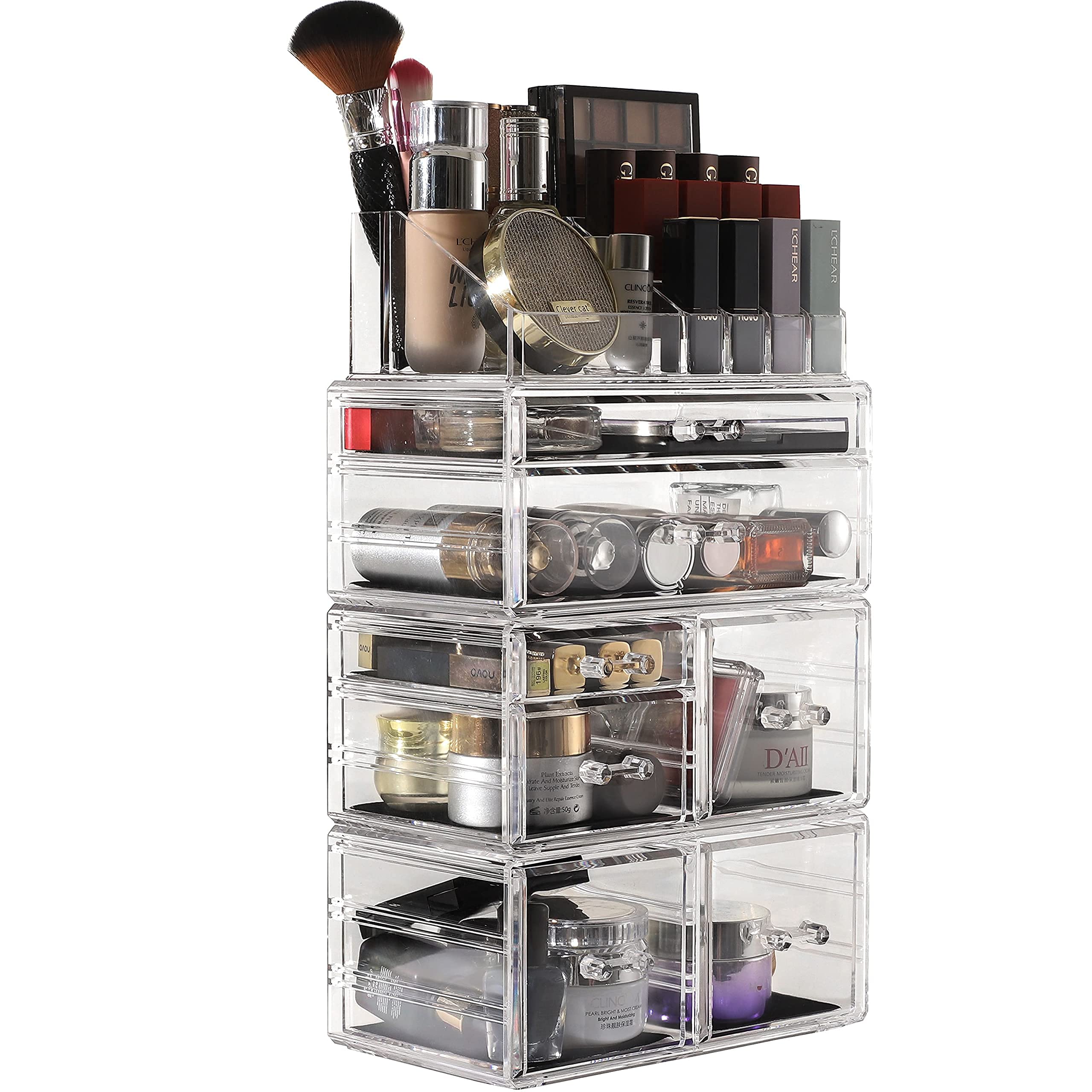 4 Pack Clear Acrylic Makeup Organizer Set - Stackable 7-Drawer Vanity Storage for Jewelry, Hair Clips & Skincare | Beauty Desk Organizer for Bedroom, Bathroom & Dressing Table