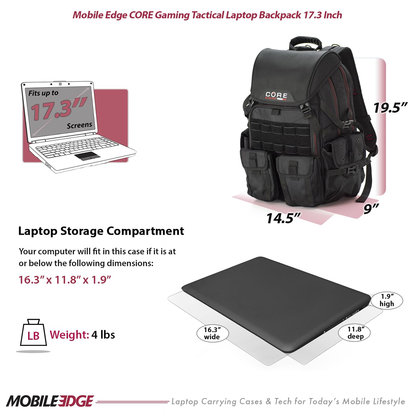 Core Gaming Tactical Backpack for Men & Women - 17 Inch Laptop Travel Backpack with Water-Resistant Cover - Durable Computer Gear Bag for Work, School & Travel - Large Black Backpack for Gamers & Professionals