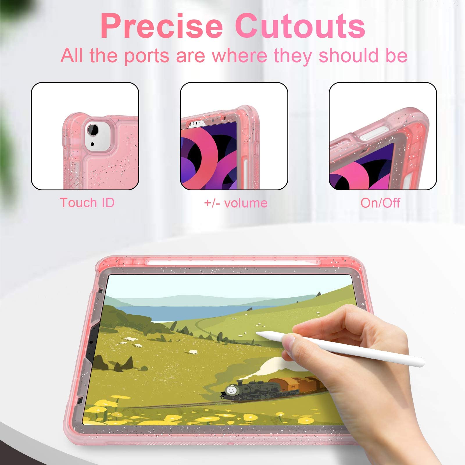 Stylish Clear Pink Glitter iPad Air 5th/4th Generation Case (2022/2020 Model) - Slim Hard Protective Cover with Pencil Holder & Stand for 10.9