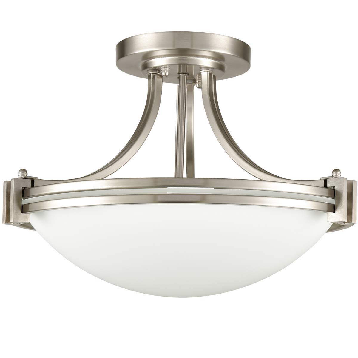 Modern SAMTEEN Brushed Nickel Semi Flush Mount Ceiling Light - 3-Light White Glass Fixture for Hallway, Bedroom, Living Room & Kitchen | Bowl Shade Design | Perfect for Home, Office & Commercial Spaces