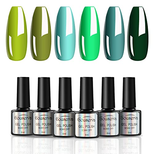 Gouserva 6 Pcs Gel Nail Polish Kit - Peacock Green Collection with Dark, Light Green & Blue Colors - Soak Off UV LED Lamp Nail Art Manicure Set for Salon & Home DIY | Perfect for Nail Art, Manicures, Pedicures & Special Occasions