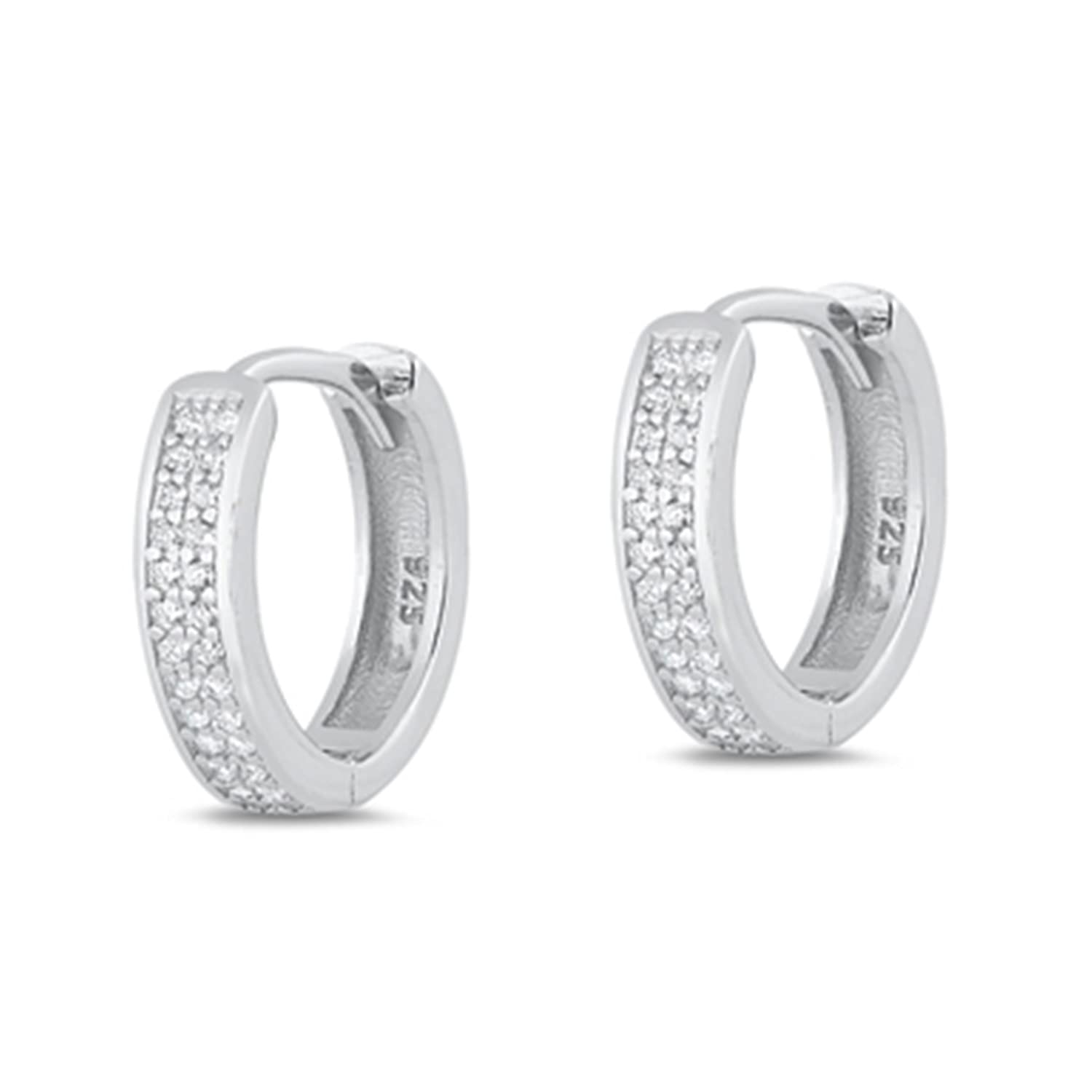 Pave CZ Hoop Huggie Earrings - 925 Sterling Silver 14mm Snap Back Closure - Perfect for Everyday Wear, Date Night & Special Occasions