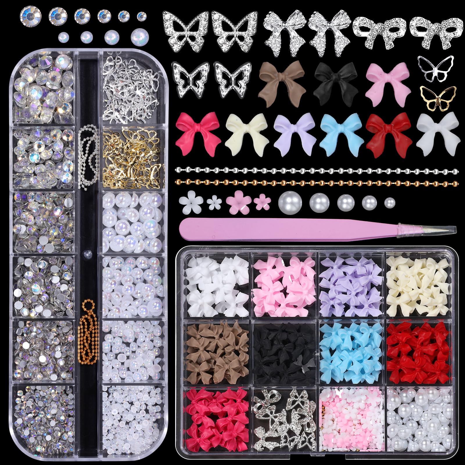 3D Nail Charms and Gems - Colorful Flower Bow & Butterfly Alloy Nail Art Charms with Half Round Pearl Flatback AB Gems | DIY Nail Art Supplies for Manicure, Pedicure & Nail Decoration (Perfect for Parties, Weddings & Special Occasions)