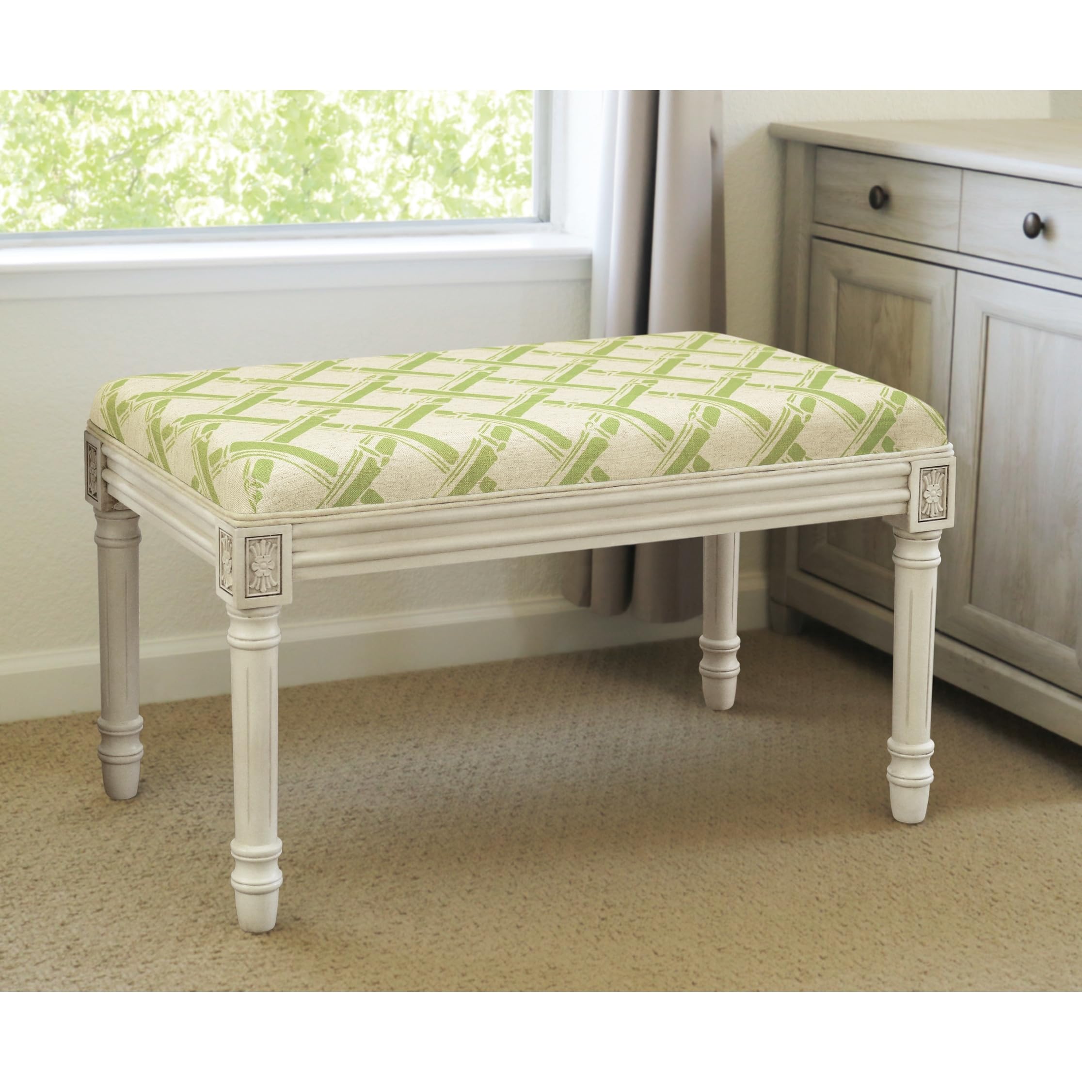 Antique White Wood Upholstered Bamboo Trellis Bench - Entryway Seat, Vanity Bench, Coat Rack with Storage - Perfect for Hallway, Bedroom & Dressing Room