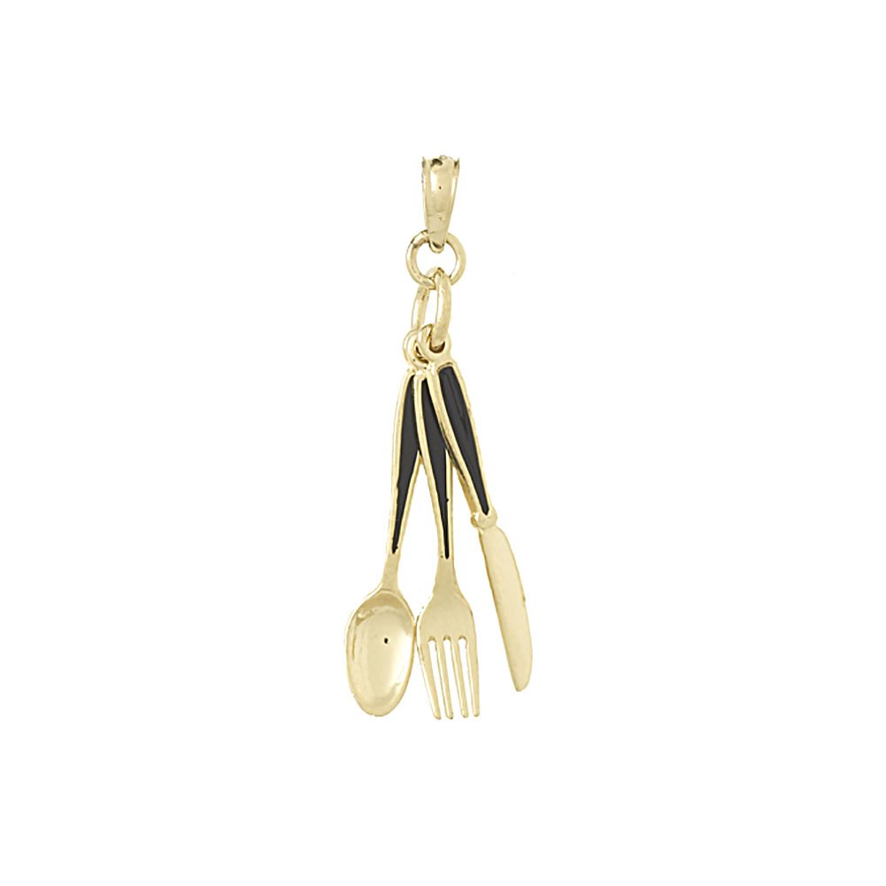 14K Yellow Gold 3D Enamel Tableware Charm Pendant - Movable Knife, Fork & Spoon Jewelry for Women | Perfect Gift for Food Lovers, Chefs & Bridal Shower