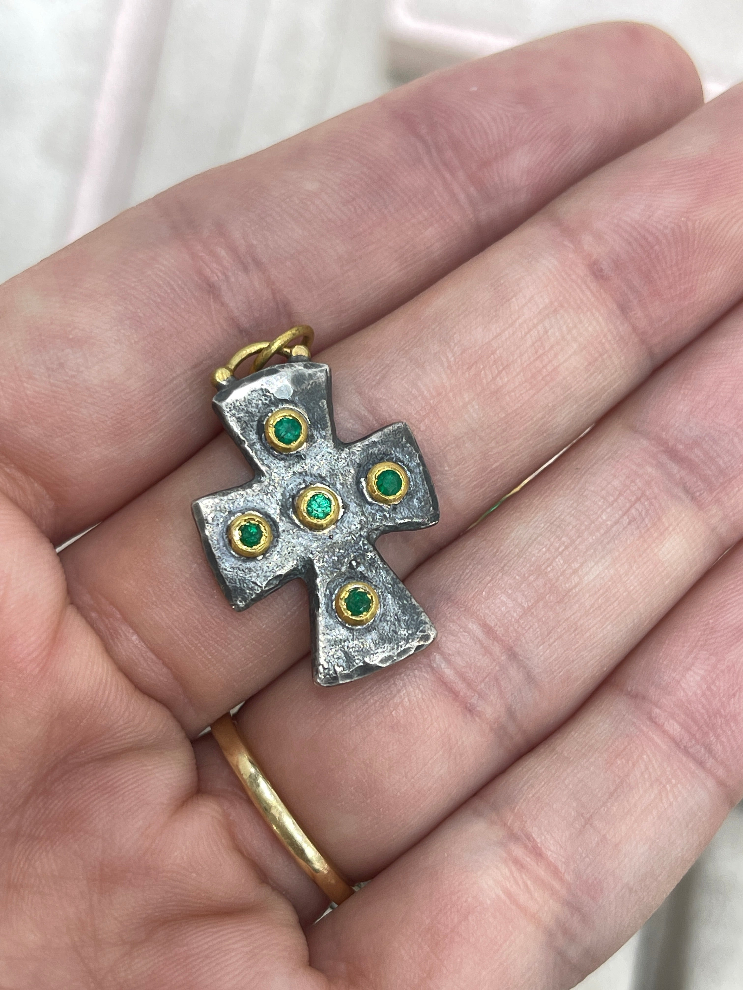 0.18tcw Byzantine 24K Gold & Sterling Silver Emerald Cross Pendant Necklace for Women - Elegant Religious Jewelry Gift for Baptism, First Communion & Christmas