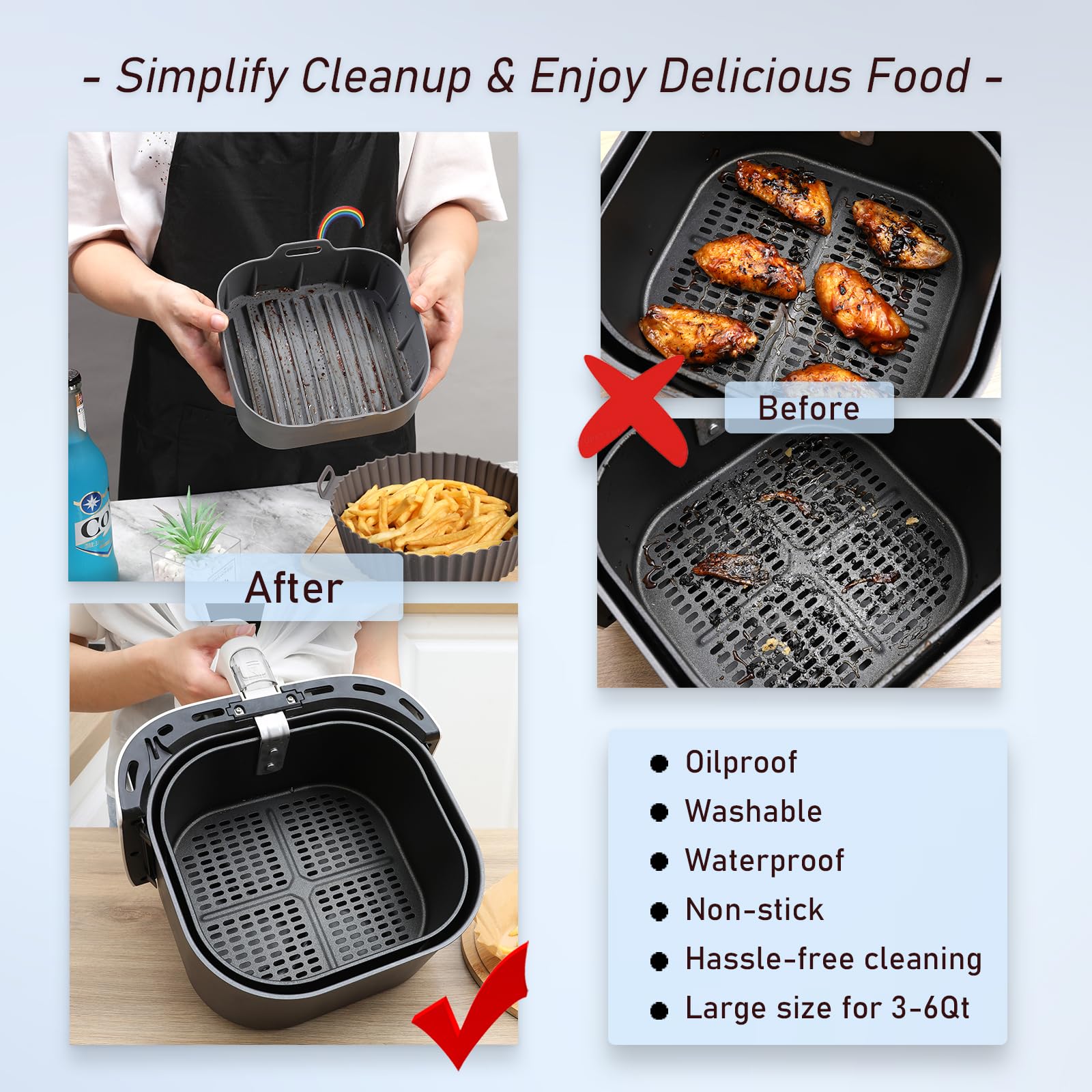 Non-Stick Air Fryer Silicone Liners - 2 Pack Reusable Square Basket Bowl for 3-6QT Air Fryers (7.5 Inch) - Safe Parchment Paper Replacement for Healthy Cooking | Perfect for Baking, Roasting & Meal Prep