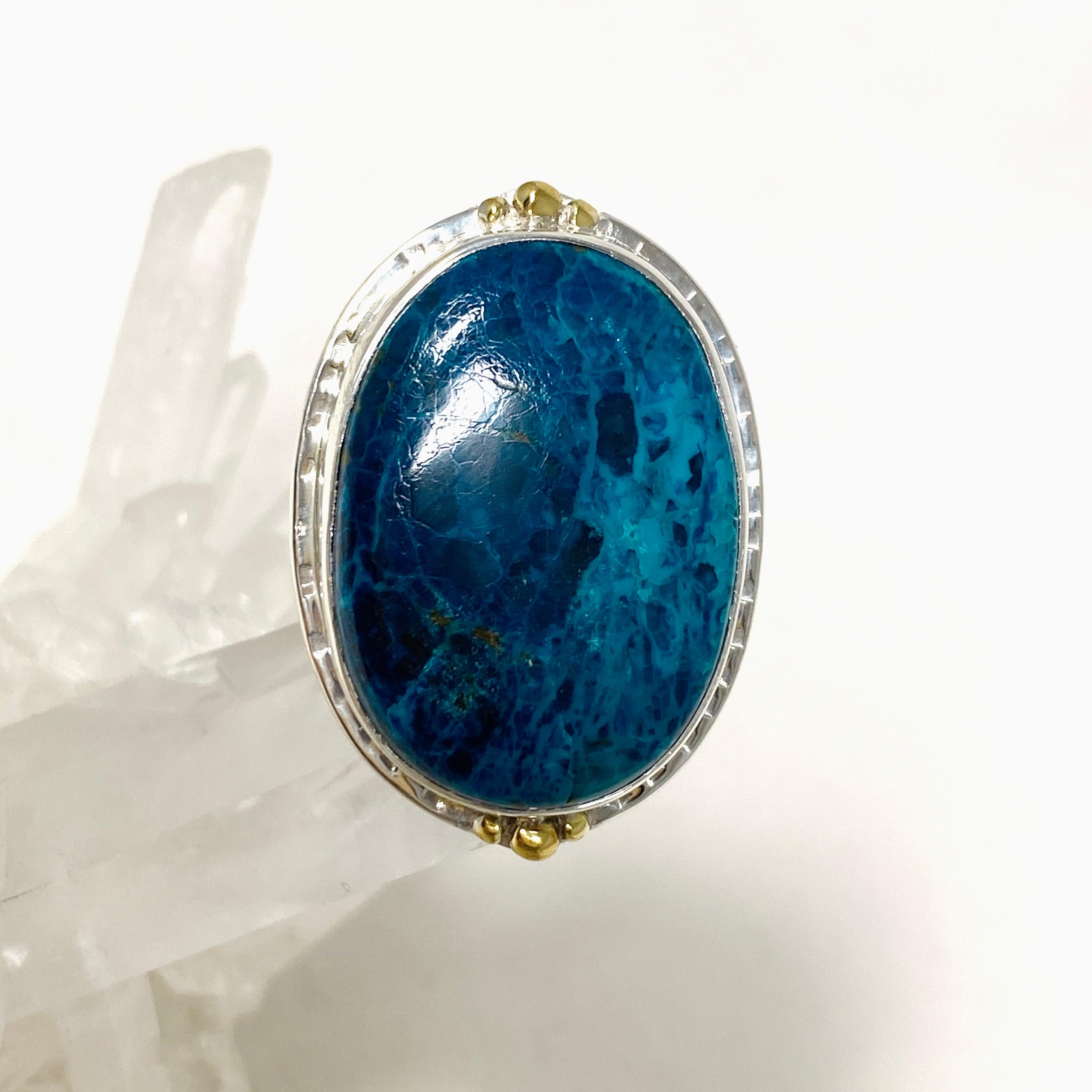 Shattuckite Oval Ring with Brass Accents - Size 9 Blue Gemstone Jewelry KRGJ3227 | Healing Crystal Ring for Meditation & Spiritual Energy