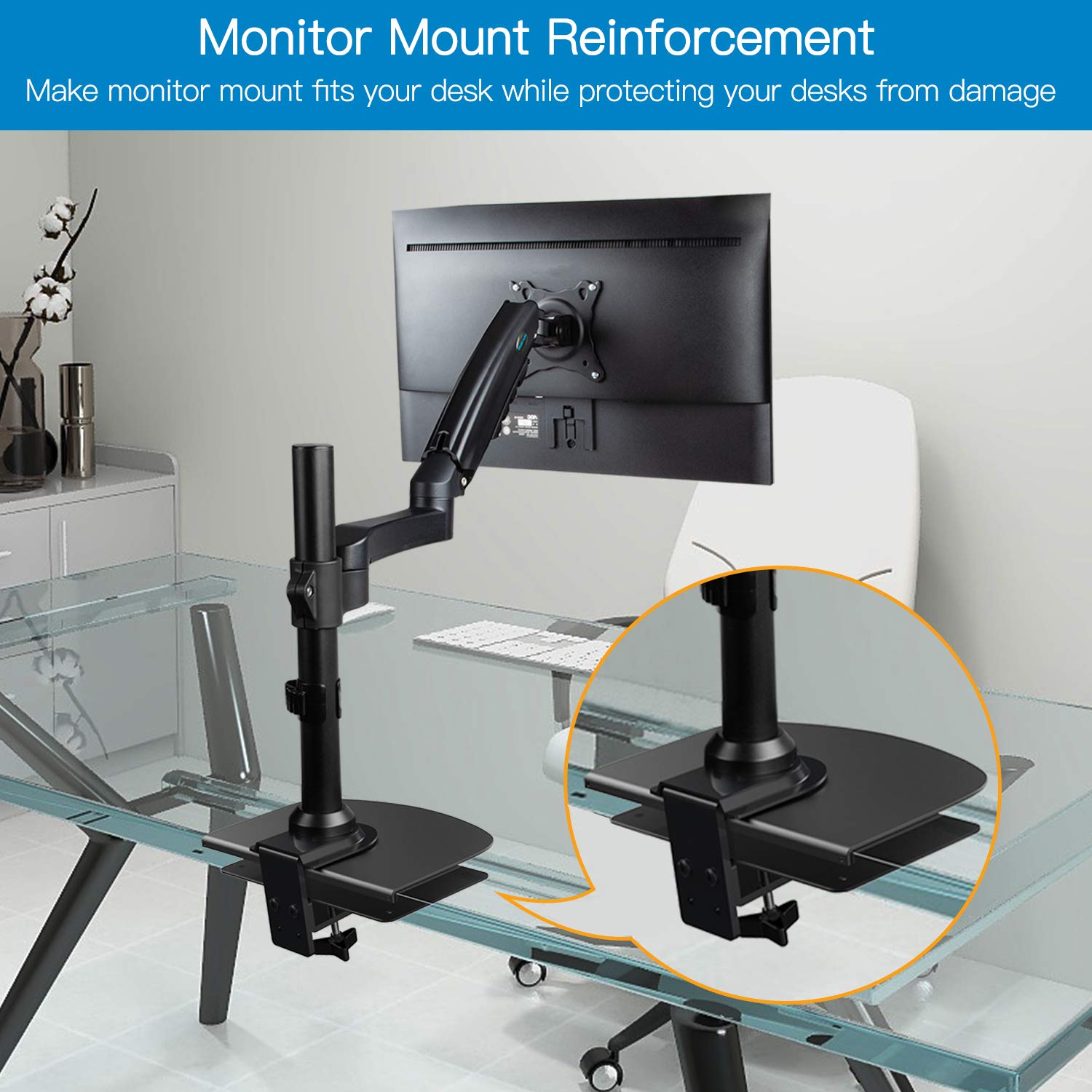 HUANUO 13-32 Inch Dual Monitor Stand with Steel Reinforcement Plate - Heavy Duty Monitor Mount for Thin, Glass & Fragile Desktops - Perfect for Home Office & Gaming Setup