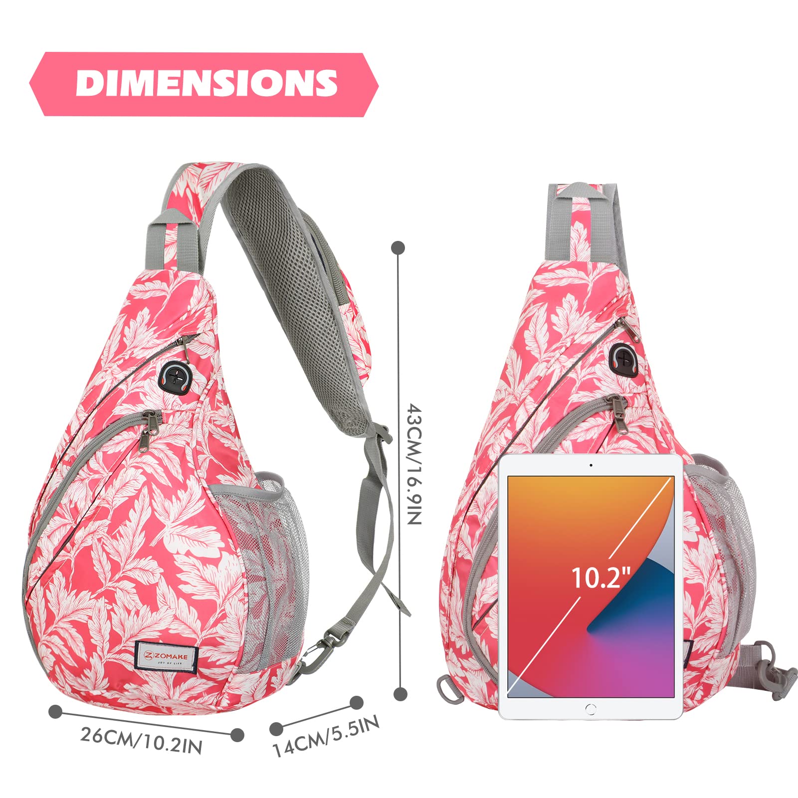 ZOMAKE Waterproof Sling Bag for Travel & Hiking - Anti-Theft Crossbody Backpack (Fuchsia White Leaf)