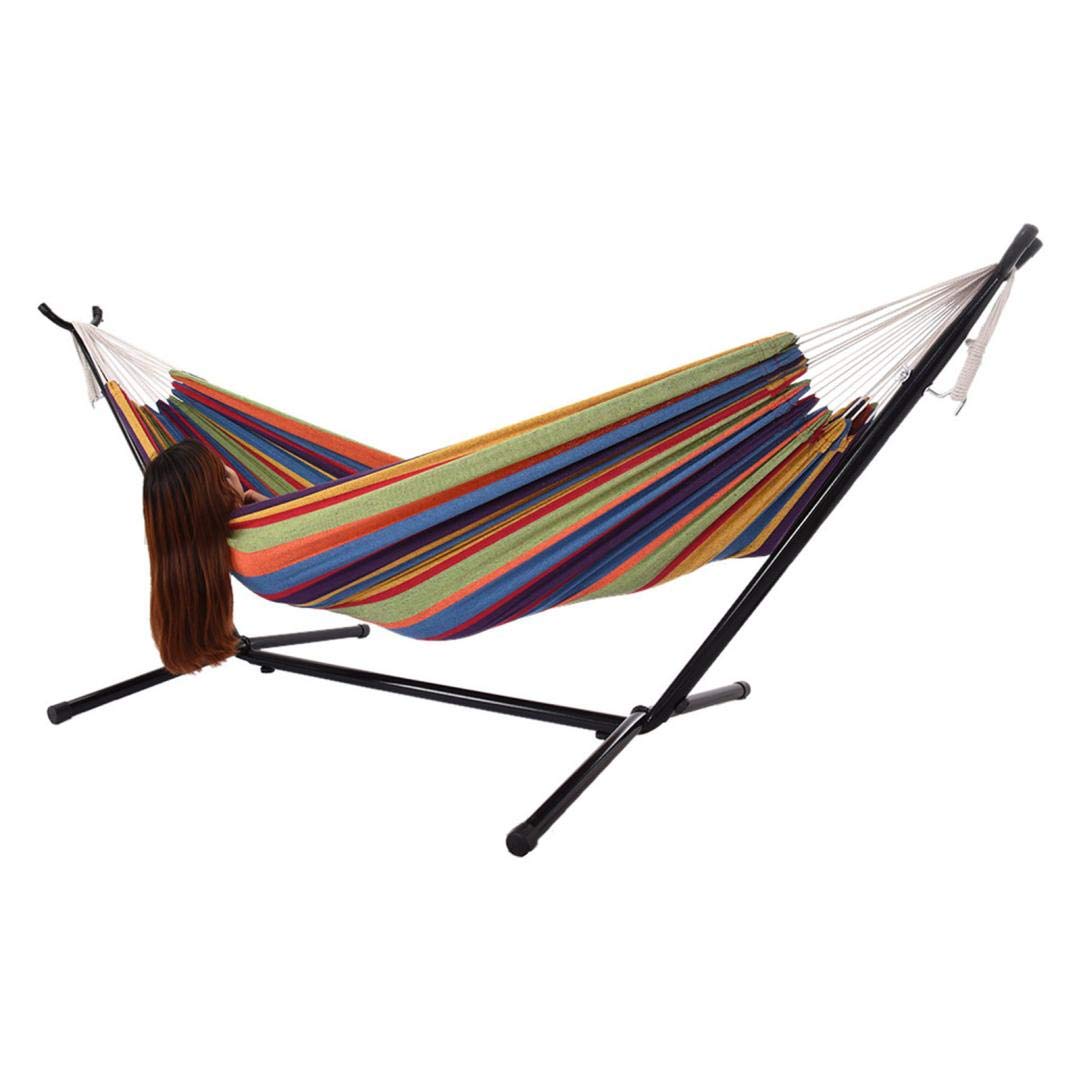 Double Hammock with Steel Stand - Portable Space Saving Design, Durable Comfort for Outdoor & Indoor Use - Perfect for Porch, Patio, Lawn, Yard & Home Relaxation (Tropical Style) - Fast US Shipping (2-3 Day Delivery)