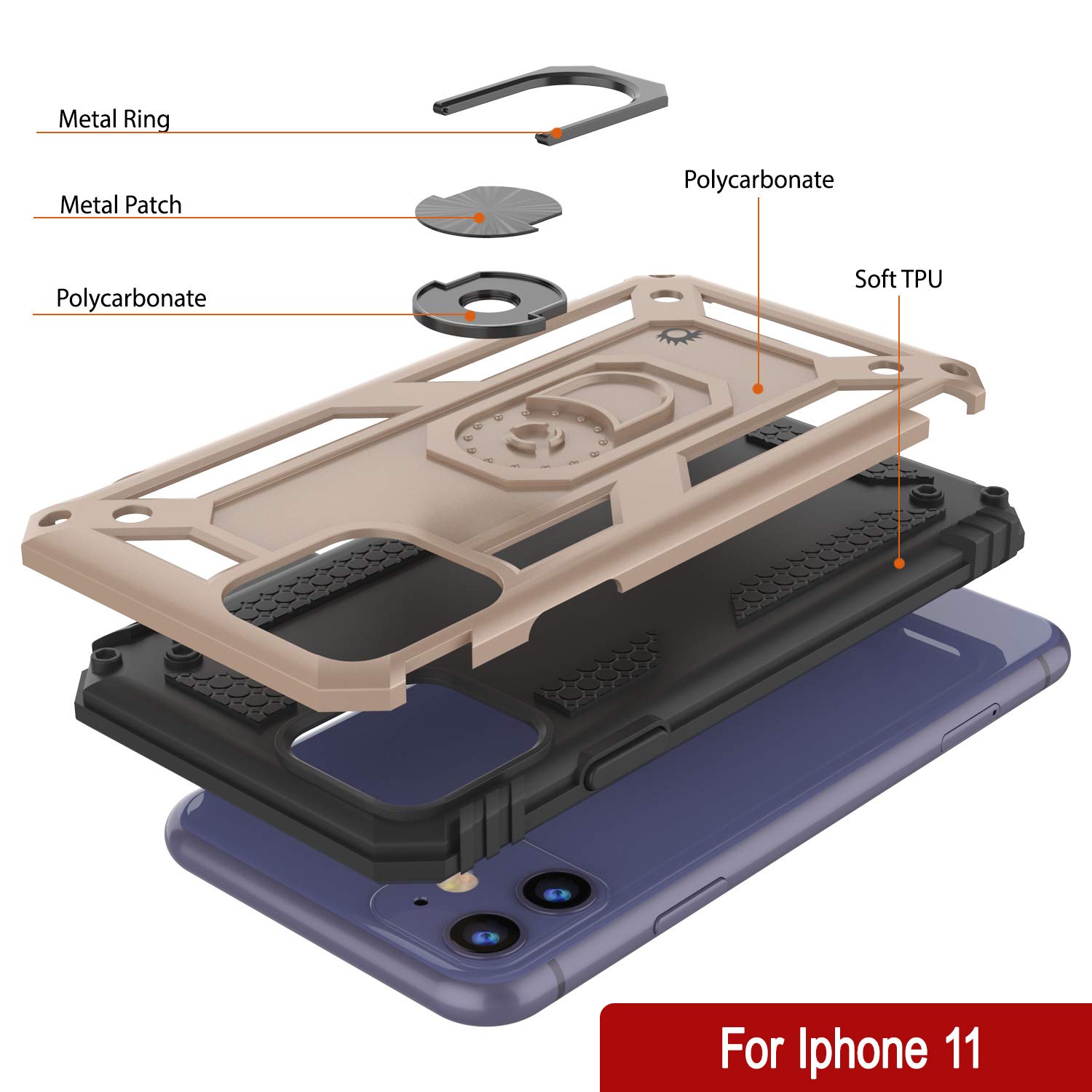 PunkCase for iPhone 11 (6.1 Inch) - Military Grade Protective Case with Metal Ring Grip & Kickstand | Shockproof Dual Layer ArmorShield Series | Full Body Protection | Gold | Perfect for Outdoor Activities, Travel & Daily Use