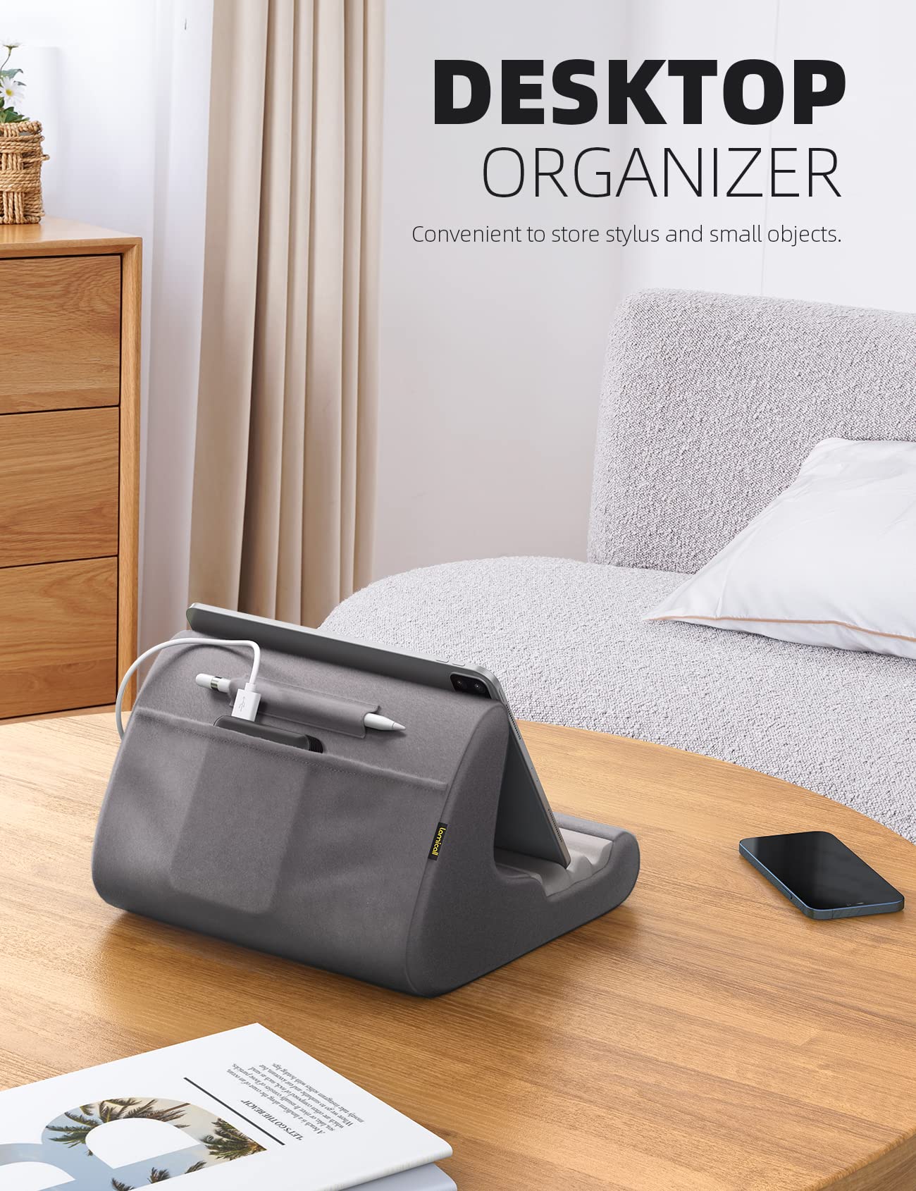 Lamicall Adjustable Tablet Stand with Soft Pillow Pad - Universal Holder for iPad Pro 12.9, Air, Mini, Kindle & Galaxy Tab (4-13 Inch) | Bed & Lap Desk Dock with Stylus Mount & Storage Pocket | Dark Grey | Perfect for Reading, Watching Movies & Working in Bed or on the Couch