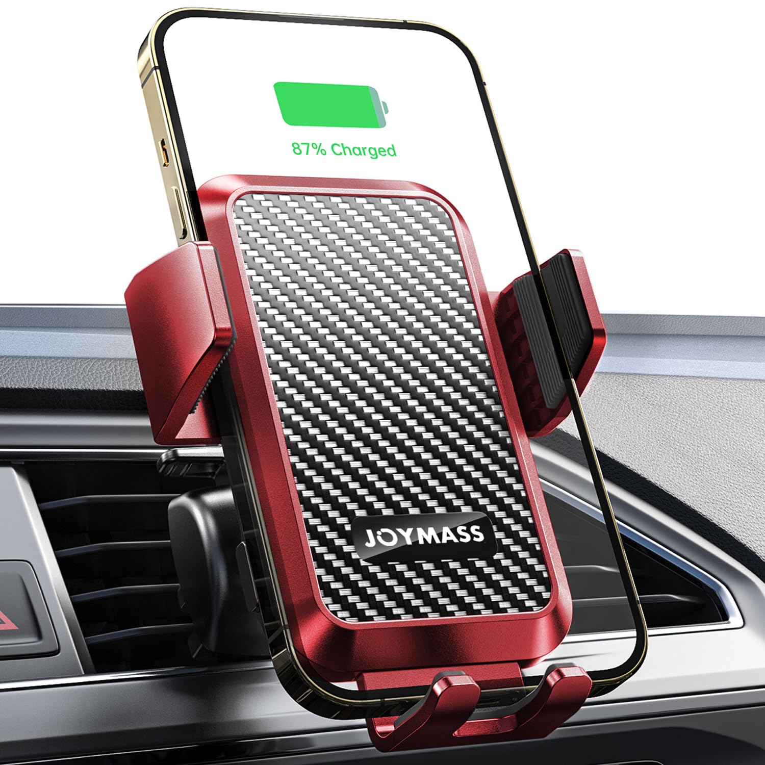 JOYMASS 15W Fast Wireless Car Charger - Auto Clamping Phone Holder Mount for iPhone 15/14/13/12/Mini/Pro/Max/11/XR & Samsung Galaxy S23/S22/S21+/Note 20 - Compatible with Car Vent - Perfect for Road Trips & Daily Commute (Red)