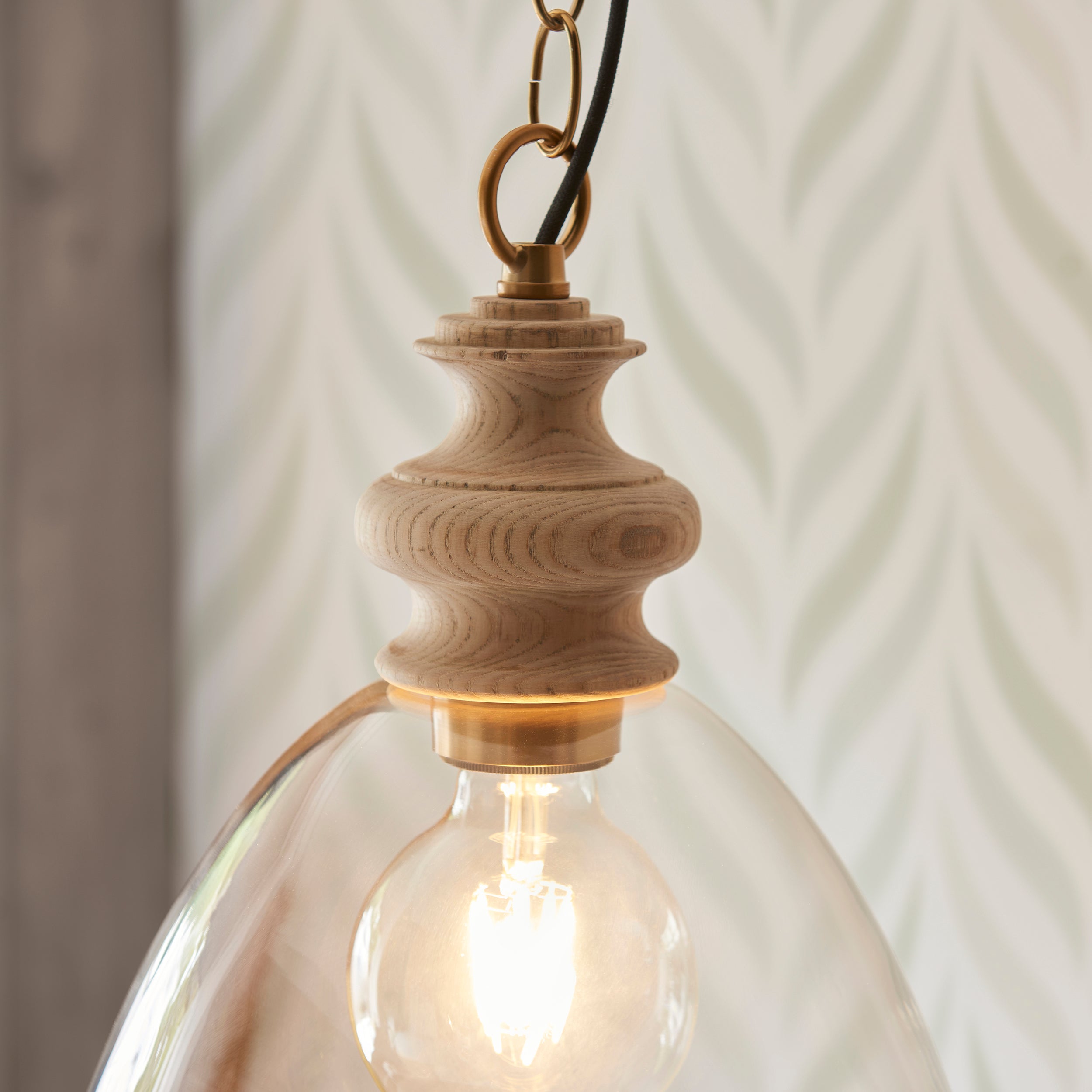 Cotswold Wood Pendant Ceiling Light with Glass Shade - Modern Farmhouse Lighting for Dining Room, Bedroom & Living Room