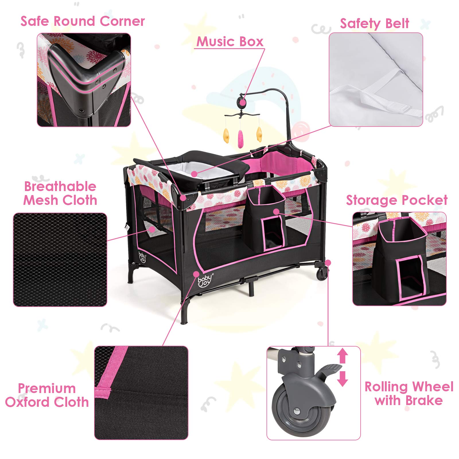 BABY JOY 4-in-1 Portable Playard with Bassinet & Changing Table - Adjustable Height Baby Bedside Sleeper with Music Box - Easy Fold & Carry for Newborn to Toddler - Perfect for Nursery, Travel & Co-Sleeping (Rose)