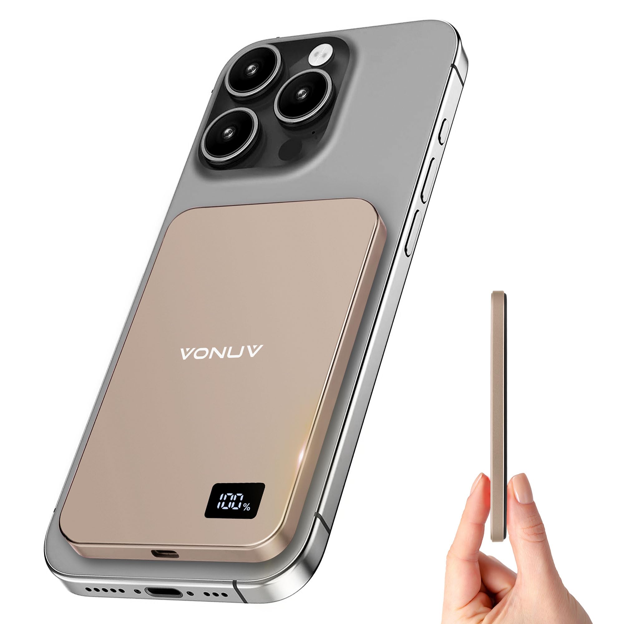 5000mAh Magnetic Wireless Portable Charger - 15W Ultra Slim Fast Charging Power Bank for iPhone 16/15/14/13/12 Pro/Pro Max/Plus - Metal Shell with USB-C Cable - Perfect for Travel, Office & On-the-Go Charging (Gold)