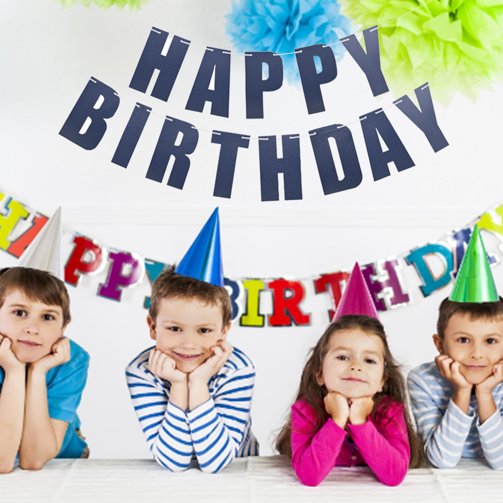 MEETINGU Dark Blue Happy Birthday Banner & Bunting - Party Decoration Supplies for Adults, Kids, Baby Showers & Birthday Celebrations | Perfect for Indoor & Outdoor Hanging Decor
