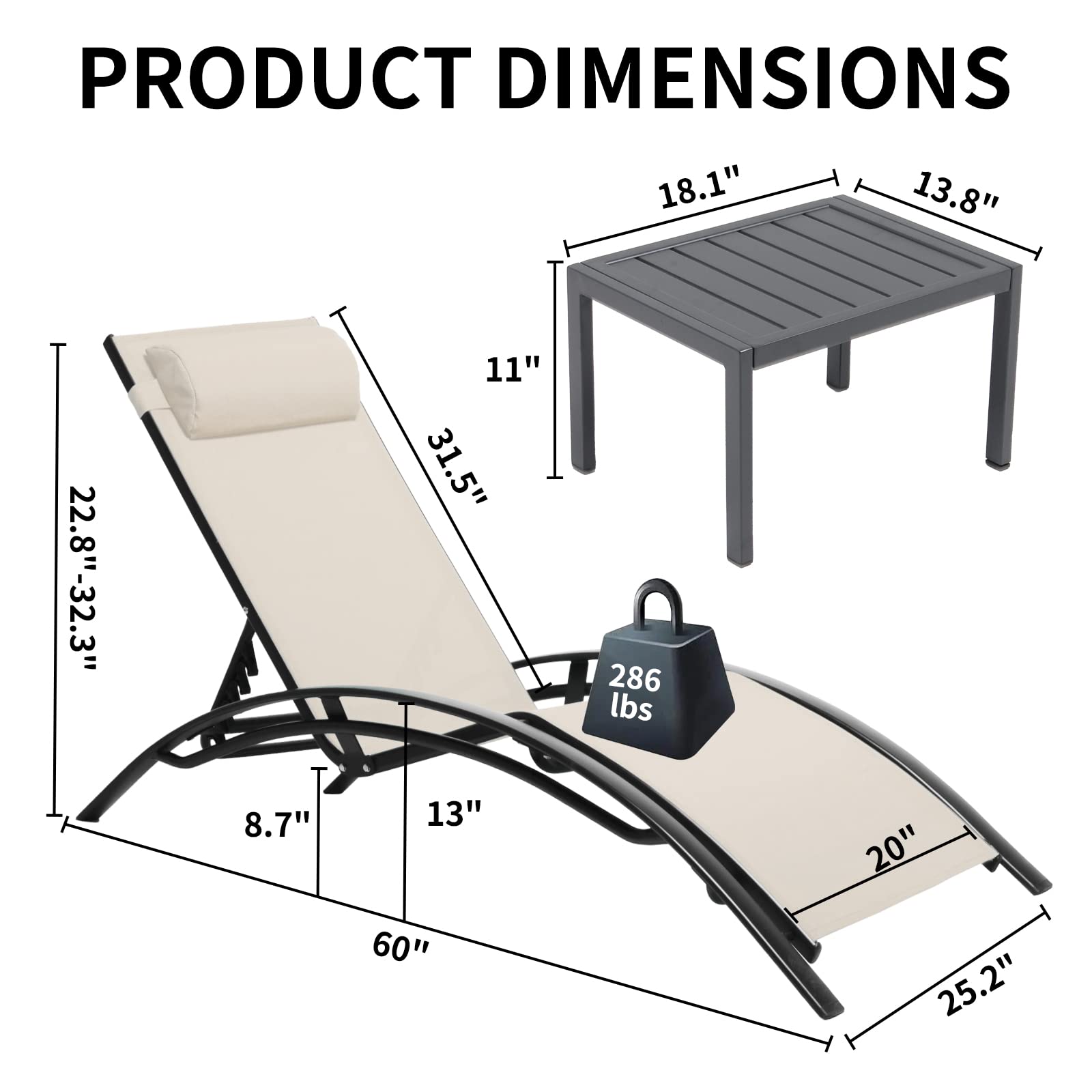3-Piece Patio Chaise Lounge Chair Set - Aluminum Outdoor Recliner with Adjustable Headrest & Side Table - Sunbathing, Poolside & Beach Loungers for Garden, Lawn & Backyard (Beige) - Perfect for Relaxing, Tanning & Outdoor Entertaining