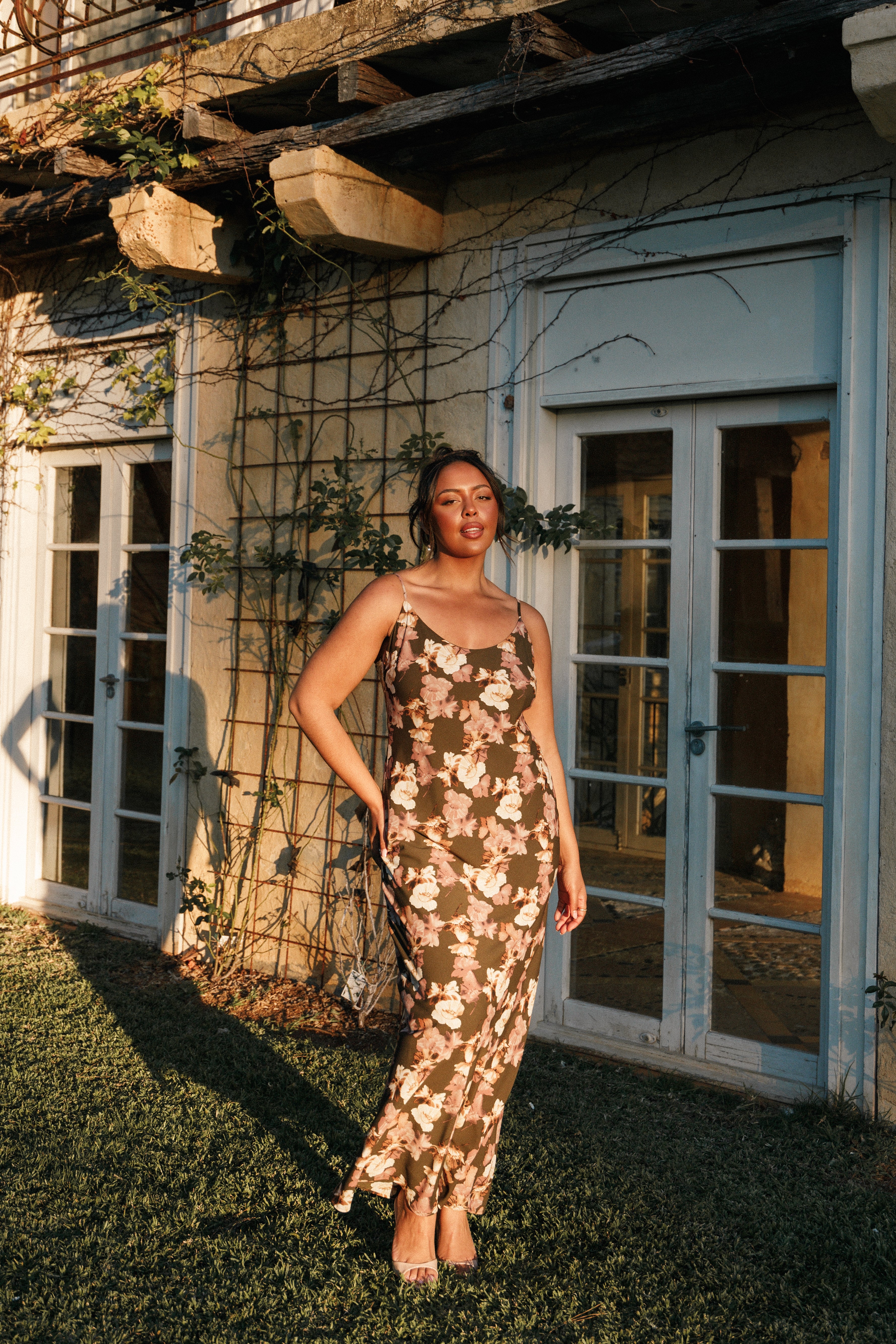 Jamie Maxi Slip Dress - Olive Floral Print Long Summer Dress for Women | Beach Wedding, Vacation, Boho Chic Outfit
