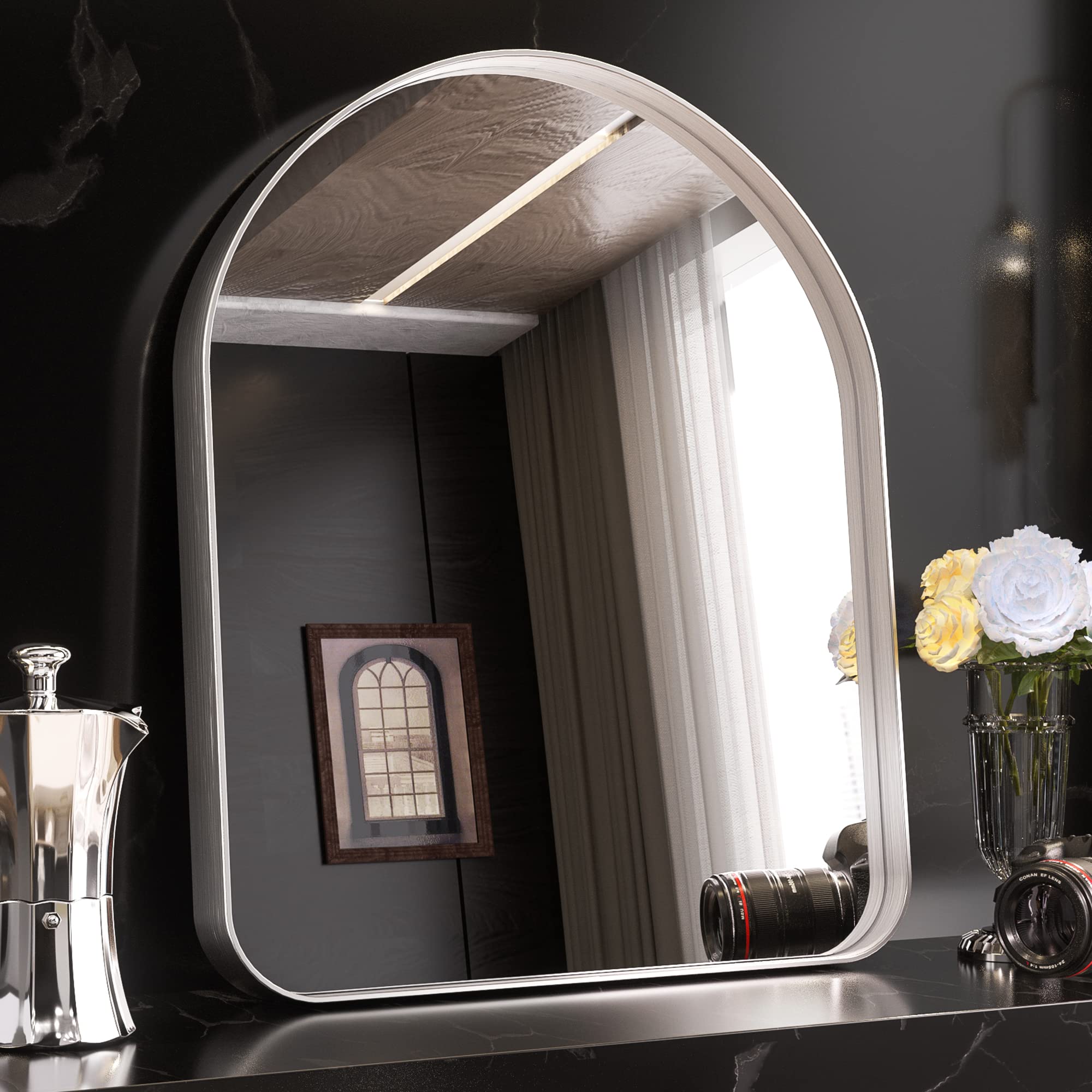 TETOTE 30x36 Silver Arched Wall Mirror - Brushed Nickel Farmhouse Vanity Mirror for Bathroom & Makeup | Shatterproof Entryway, Living Room, Fireplace Decor | Rustic Home & Bedroom Decorative Mirror