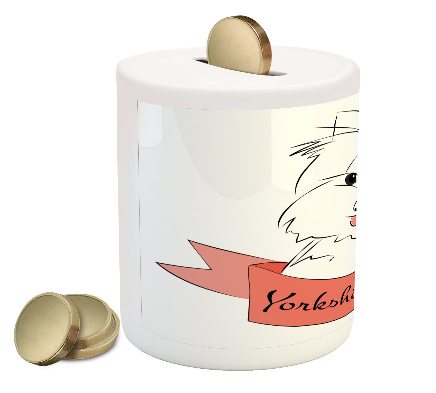 Ambesonne Yorkie Piggy Bank - Ceramic Money Box with Puppy & Hair Buckle Design, Cute Cartoon Terrier Print for Cash Savings (Pink & White) - Perfect Gift for Kids, Dog Lovers & Home Decor