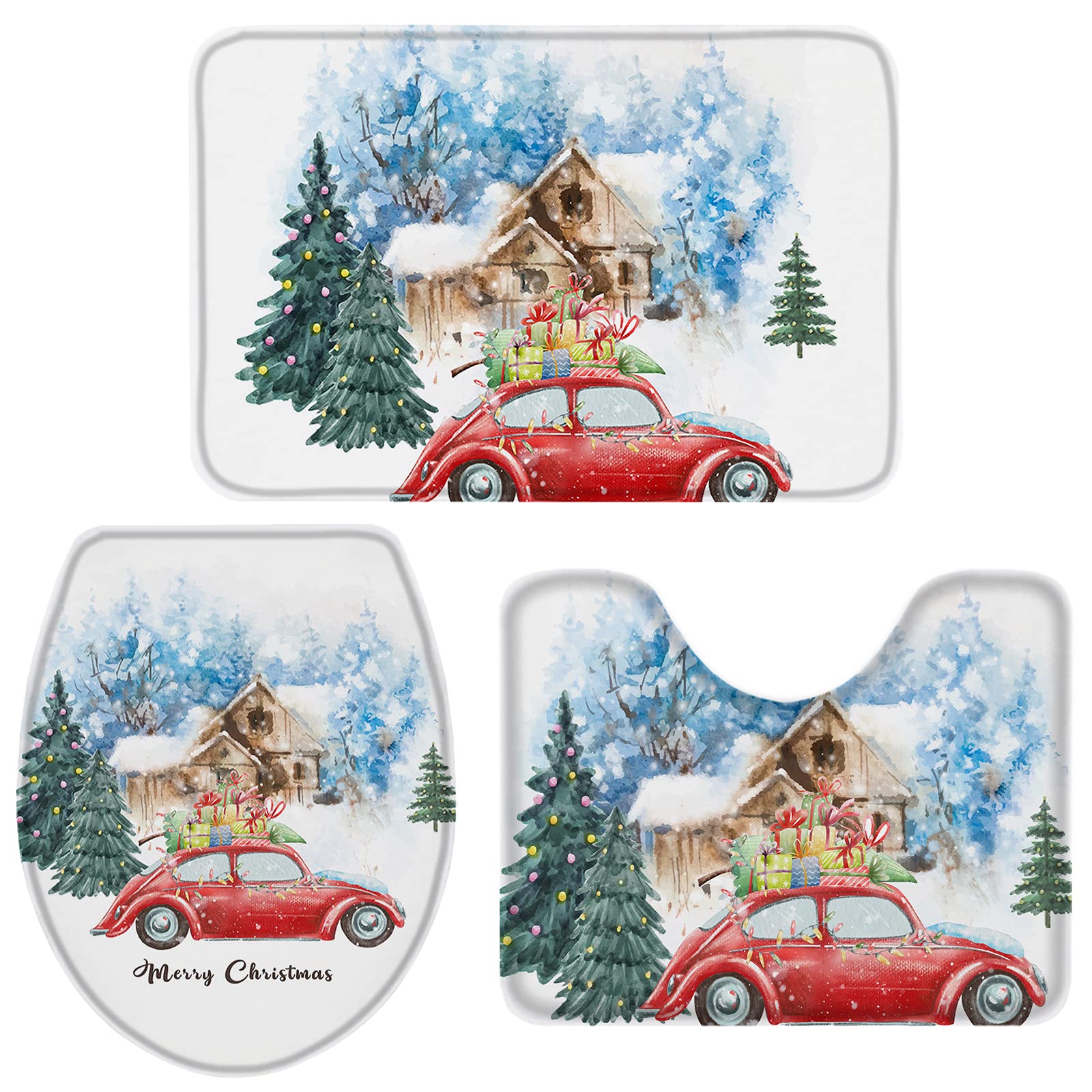 BRINGMEHOME 3-Piece Christmas Bathroom Rug Set - Non-Slip Red Truck Print Toilet Seat Cover, Contour Rug & Pedestal Mat | Xmas Themed Bath Decor for Holiday Home & Festive Bathroom Decorations