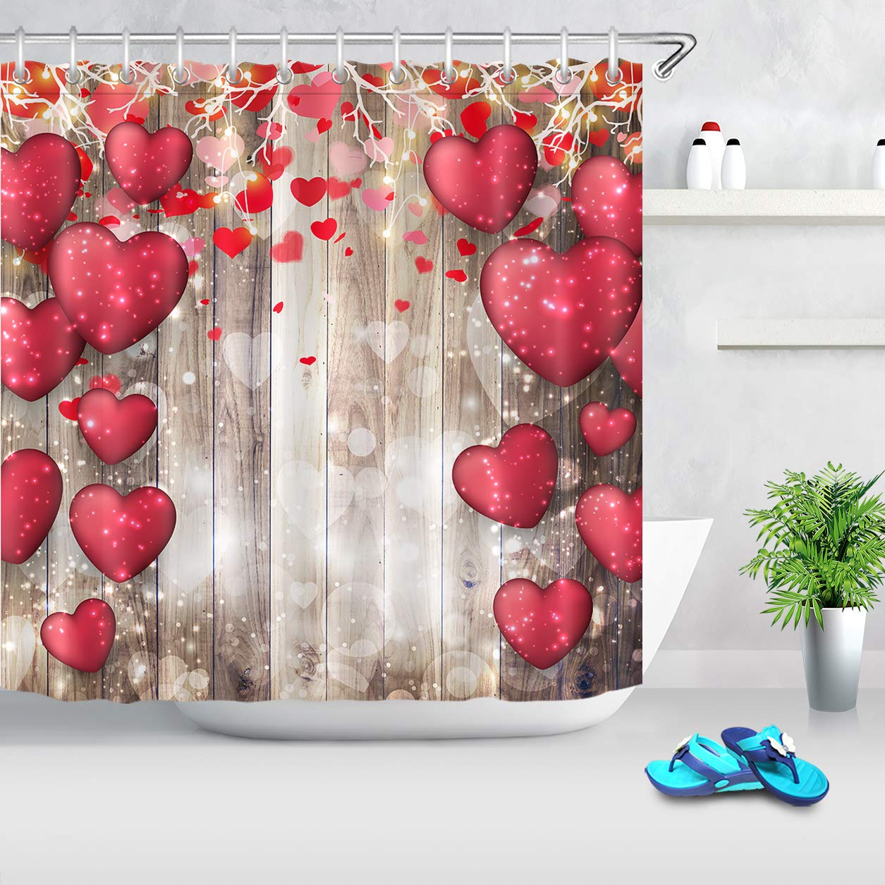 Valentine's Day Shower Curtain - Red Falling Hearts & Balloons on Vintage Wood Background, 72x72 Inch Waterproof Polyester Bathroom Decor with 12 Hooks - Perfect for Romantic Bathroom Decor, Anniversary Gifts & Couples' Home Decor
