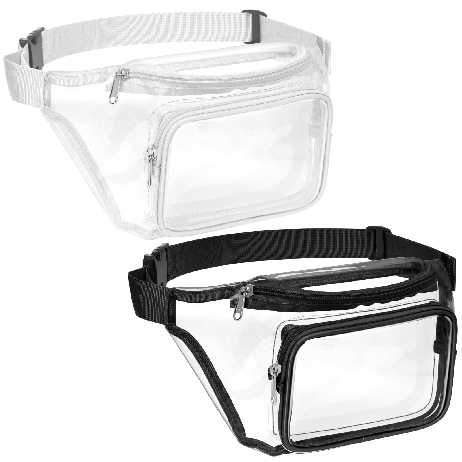 Veckle 2 Pack Clear Fanny Pack - Adjustable Waist Bag for Women & Men | Stadium Approved Transparent Belt Bag | Perfect for Sports Events, Travel, Beach & Concerts | Black + White | Hands-Free Convenience for Running, Shopping & Outdoor Activities