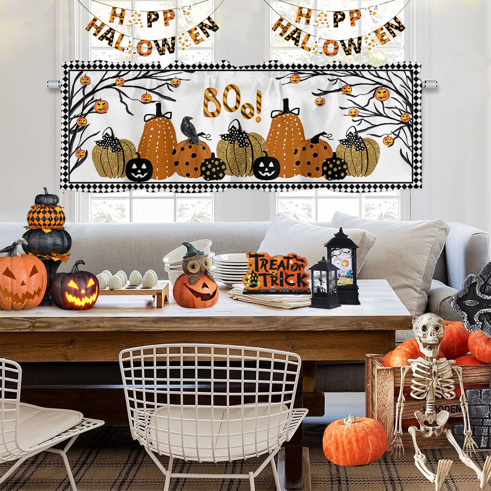 Halloween Pumpkin Crow Black White Plaid Valance Curtain - 54x18 Inch Light Filtering Rod Pocket Window Panel for Kitchen, Bathroom & Bedroom - Perfect for Seasonal Decor & Cozy Home Styling