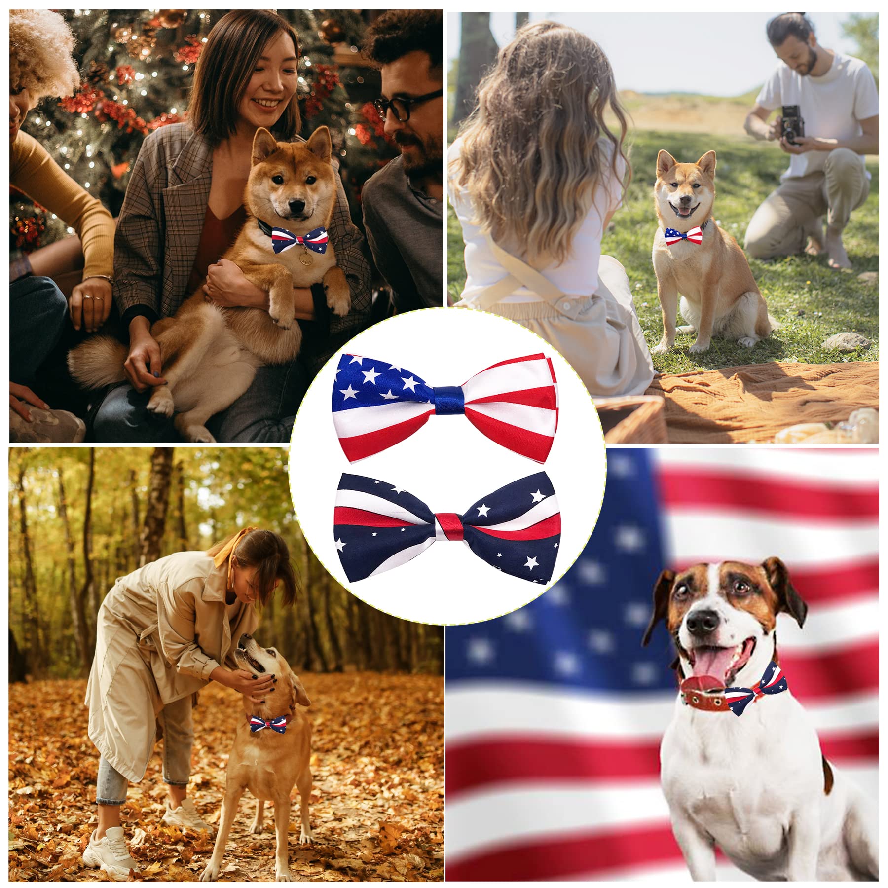 2pcs Patriotic US Flag Dog Bow Ties - Large Adjustable Collar Bowtie for Medium & Big Dogs - Perfect for Independence Day, July 4th, June 14 & Holiday Parties - Cute Grooming Accessories for Patriotic Events, Photo Shoots & Special Occasions