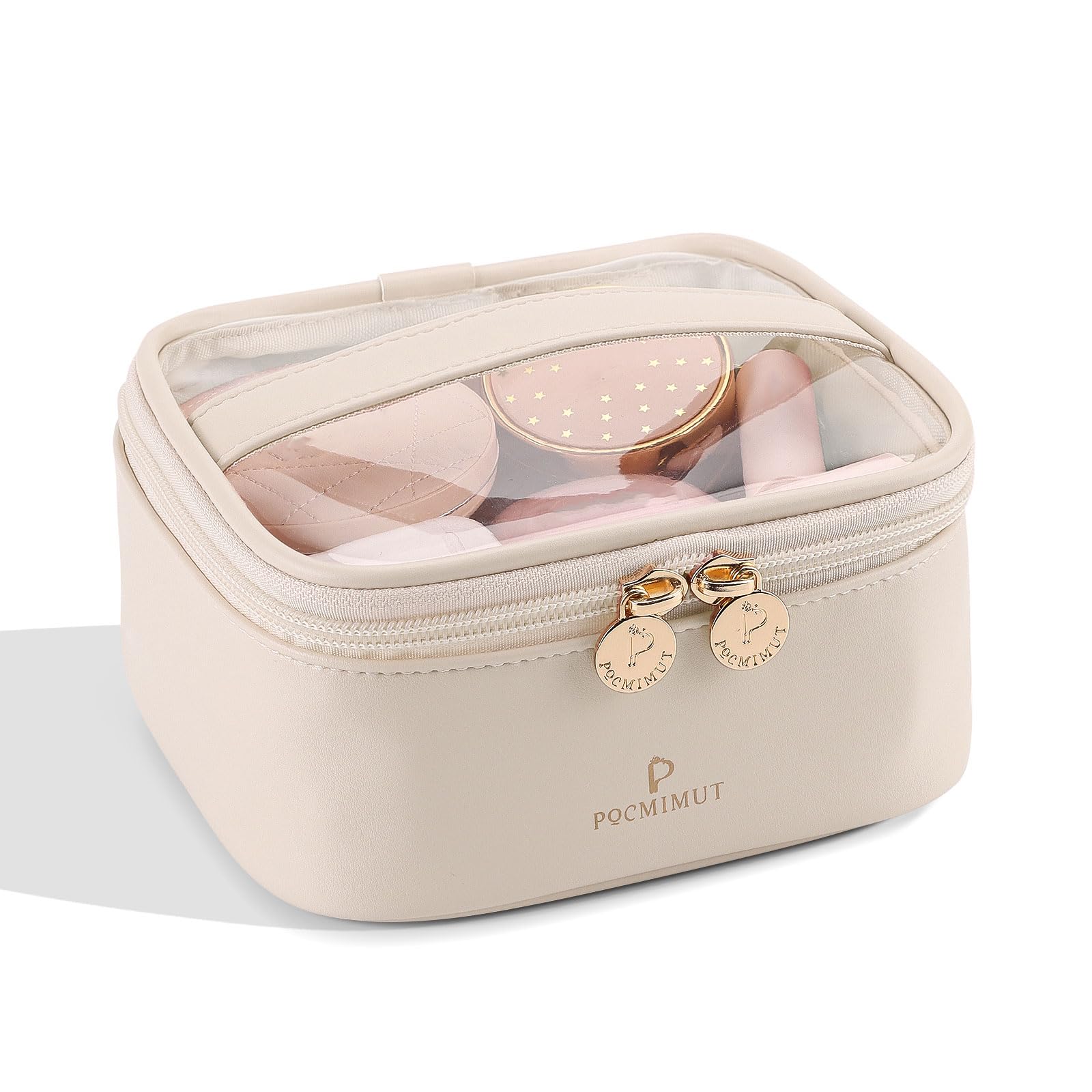 Pocmimut Clear Makeup Bag for Women - Waterproof Travel Cosmetic Organizer | Portable Toiletry Bag for Car, Gym & Vacation Essentials (Beige)