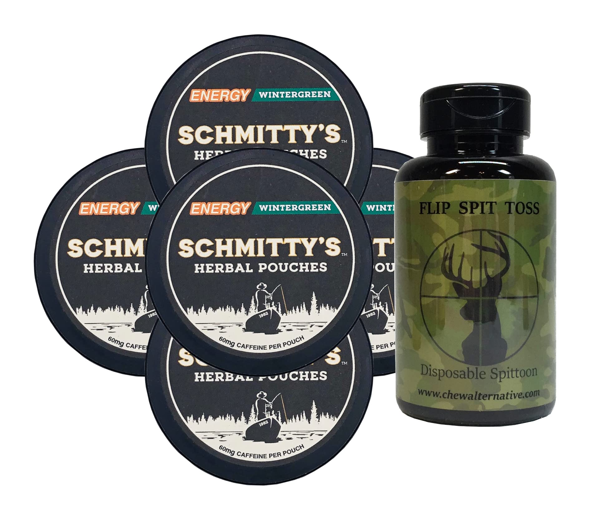 DC Crafts Nation Mud Bud Spittoon Deer with 5 Cans Schmitty's Herbal Snuff Wintergreen Energy Pouches - Perfect for Hunting, Camping, and Outdoor Adventures