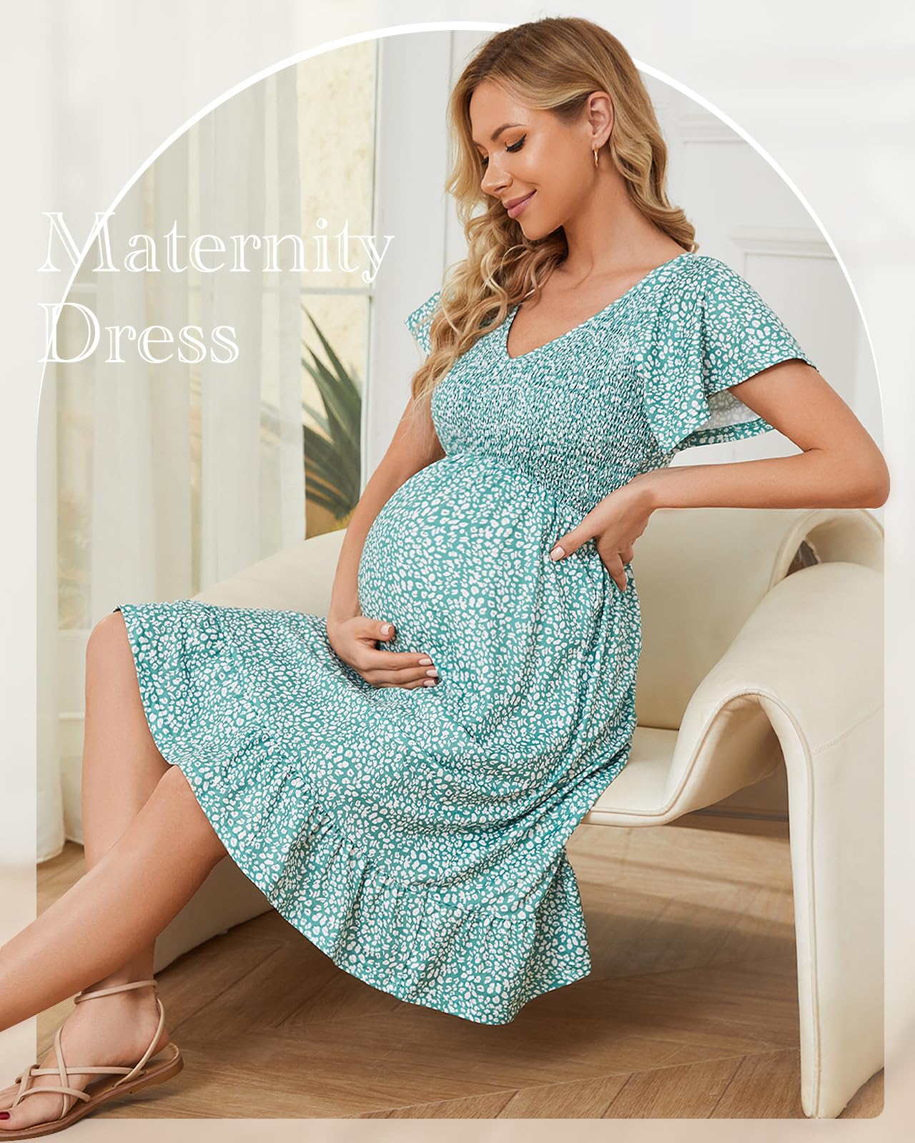**Domee Floral Maternity Dress - V-Neck A-Line Midi Dress with Ruffles & Shirred Short Sleeves for Baby Shower, Photoshoot & Summer Boho Style**    *Perfect for Pregnancy Photos, Beach Vacations & Boho-Chic Occasions*