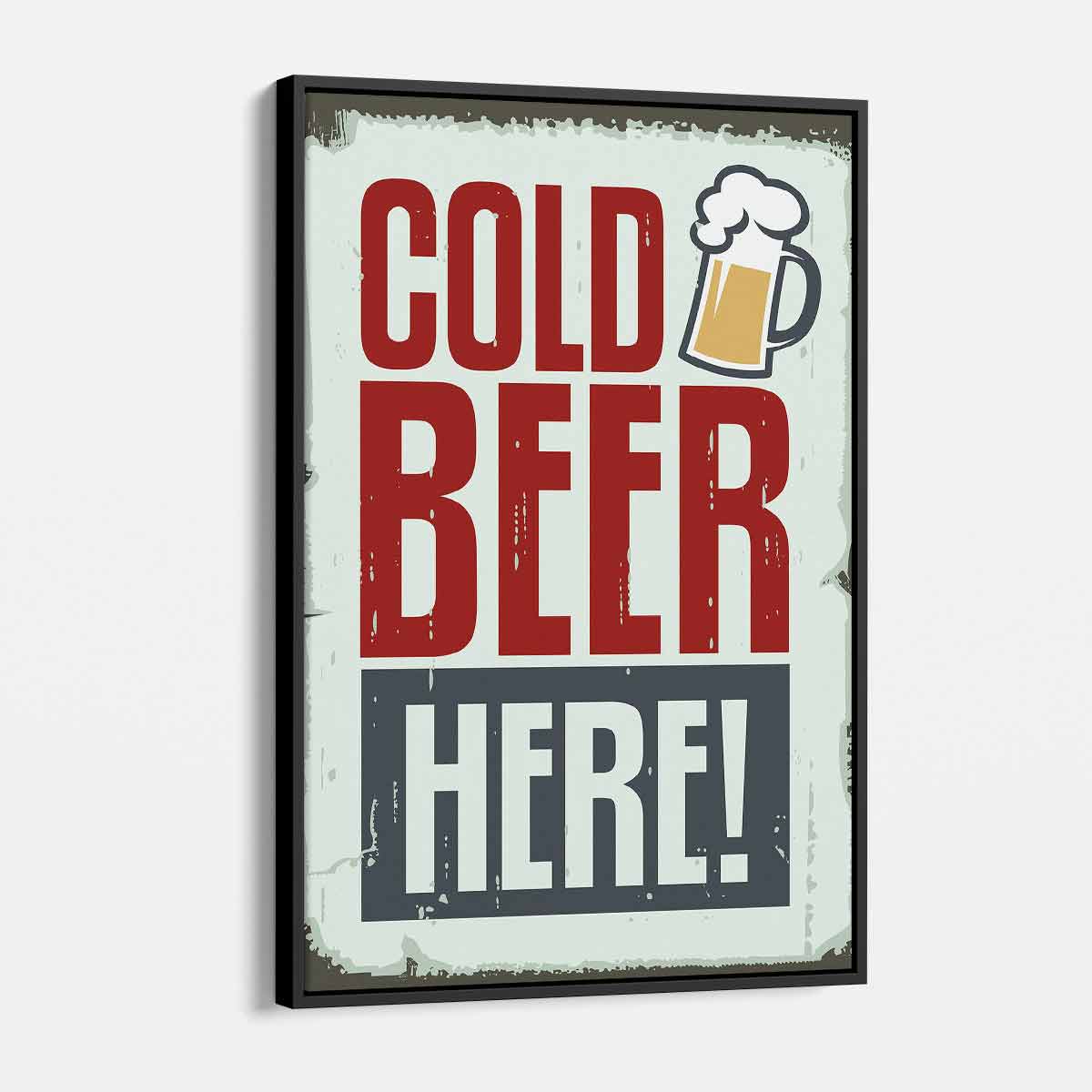 Red Cold Beer Here Wall Art Canvas Print - Vintage Bar Decor for Man Cave, Home Bar & Pub - Perfect for Beer Lovers & Home Brewing Enthusiasts
