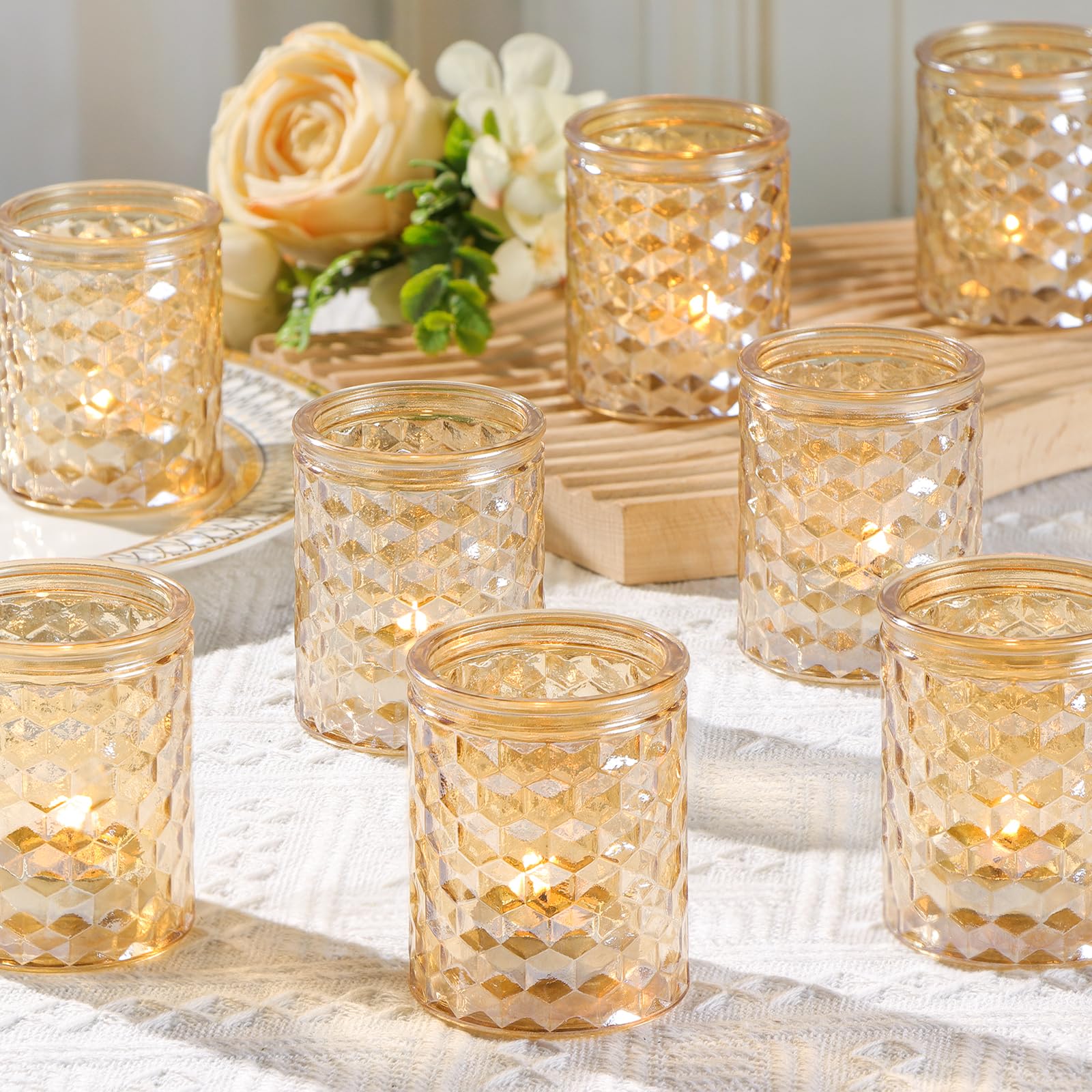12-Piece Gold Glass Votive Candle Holders - Elegant Tea Light Candle Holders for Wedding Centerpieces, Party Decor, Baby Shower Table Decorations - Perfect for Romantic Dinners, Holiday Decor & Special Events