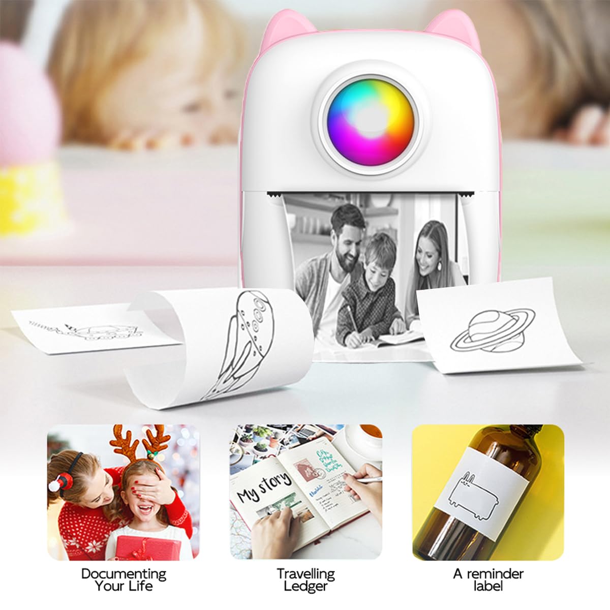 Mini Bluetooth Sticker Printer - Portable Thermal Photo Printer for iPhone, Smart Note Buddy with 10 Rolls Paper - Perfect for Journaling, Memos & DIY Crafts | Compact Pocket Printer for Travel, School & Office Use