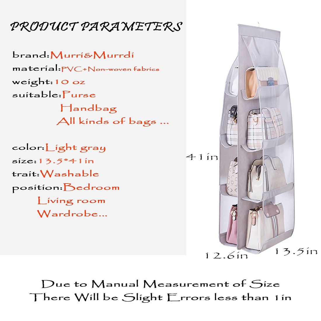 MURRI&MURRDI 2-Pack Hanging Handbag Organizer for Closet - 8 Clear PVC Pockets Purse Storage Holder - Space Saving Wardrobe Organizer (Gray) - Perfect for Handbag, Wallet & Accessory Storage in Bedroom or Walk-in Closet