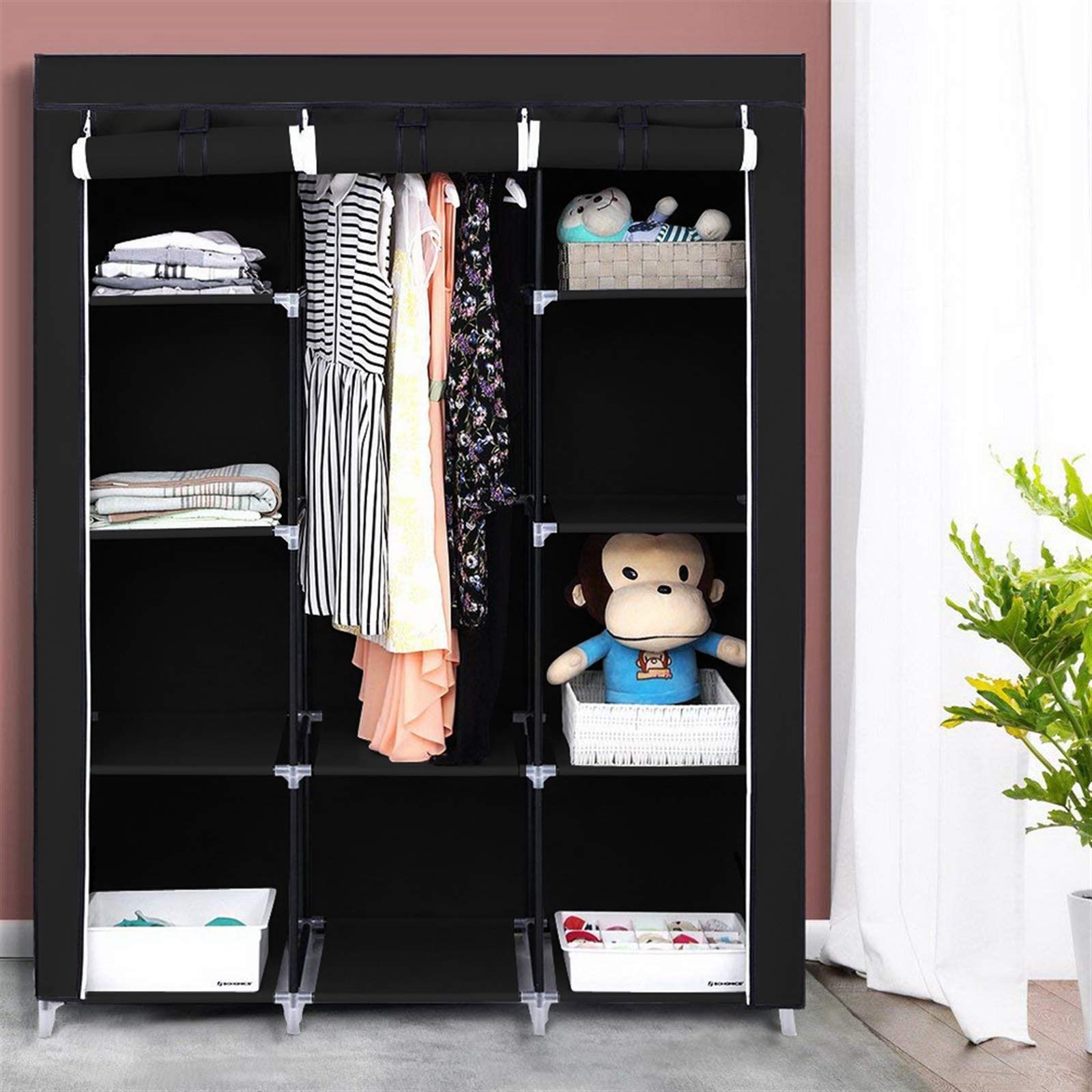 Portable Closet Wardrobe - 67 Inch Freestanding Closet Organizer with Shelves & Cover for Hanging Clothes, Non-Woven Fabric Storage Cabinet - Easy Assembly (Black) | Perfect for Small Spaces, Apartments & Dorm Rooms